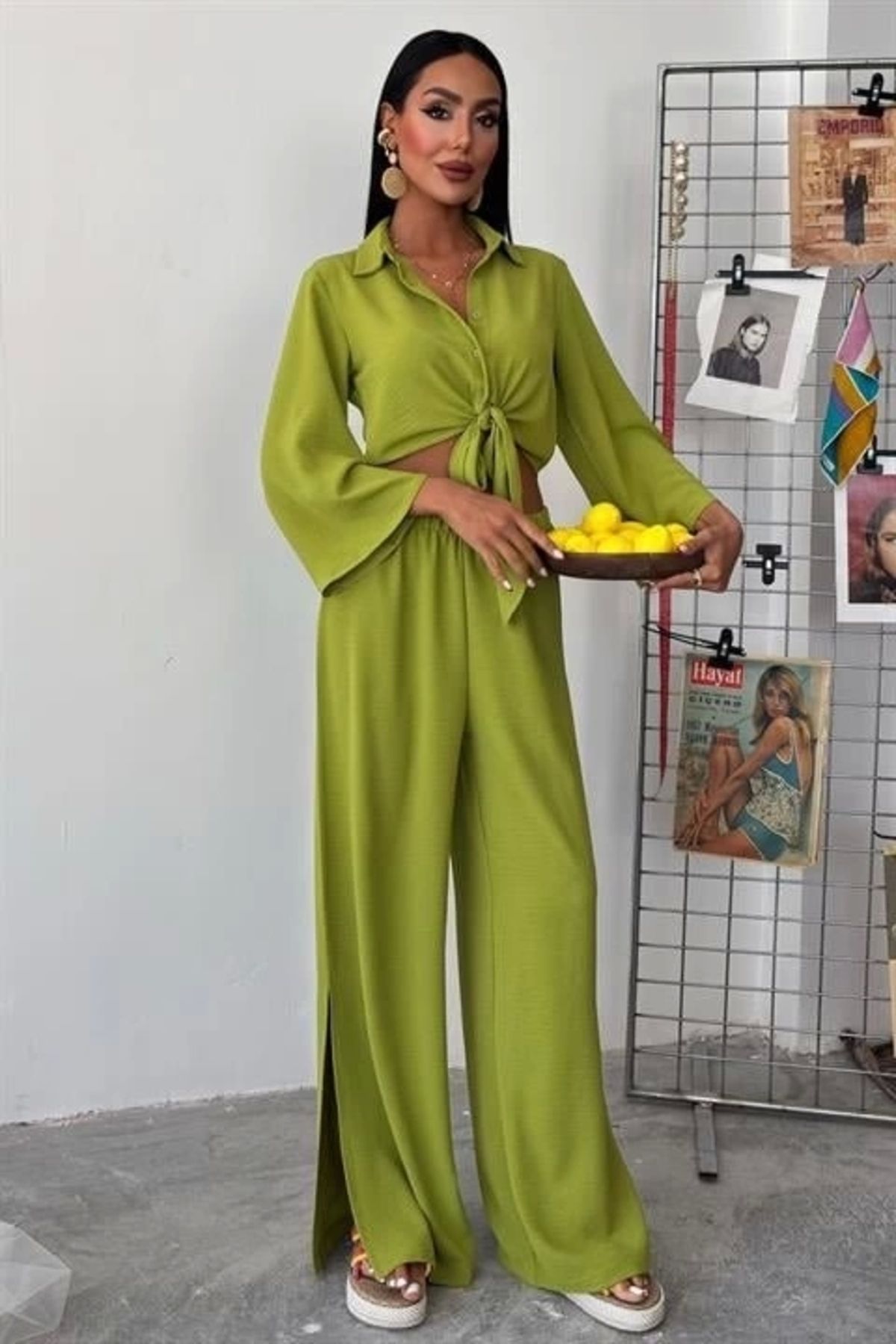 Butik Bağlamalı Gömlek Ve Yırtmaç Pantolonlu Ayrobin Takım