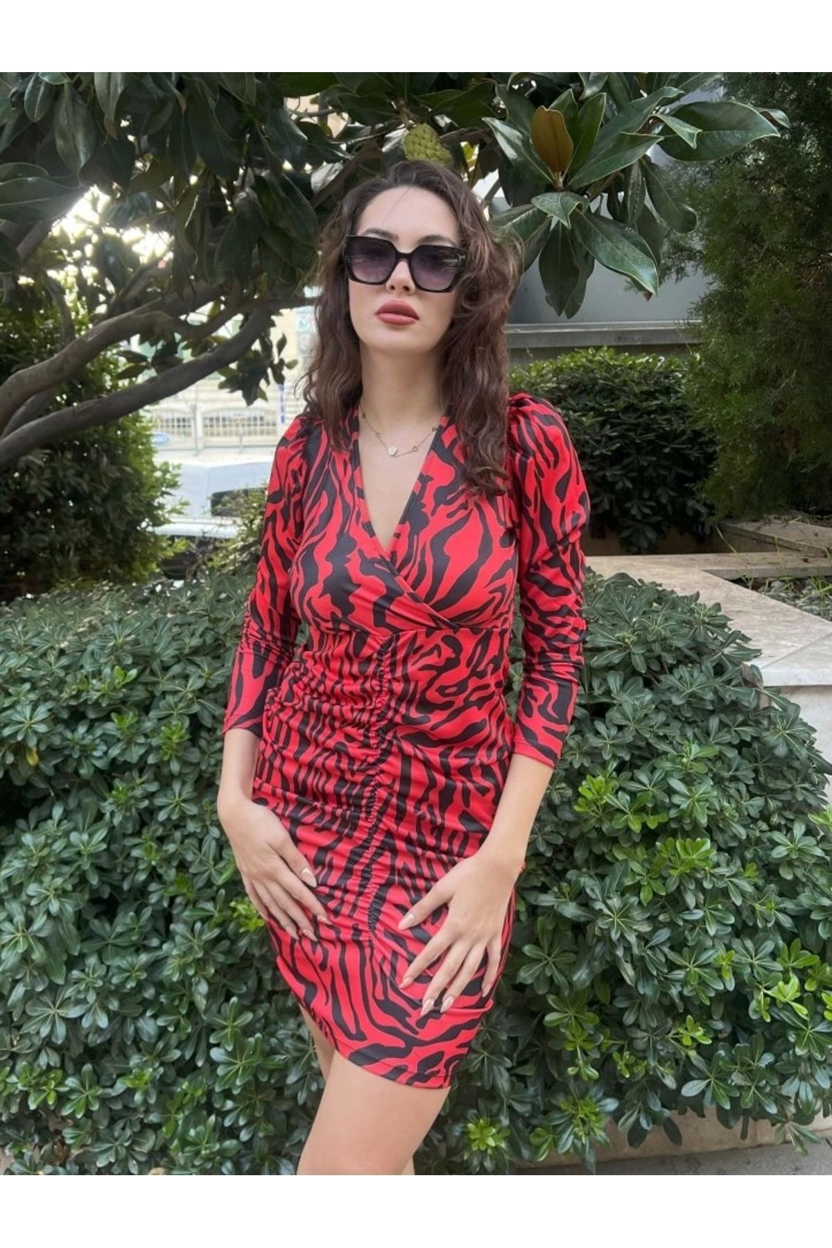 nedo7 Kadın Uzun Kollu Kruvaze Yaka ön Kısım Büzgülü Zebra Desen Dalgıç Elbise
