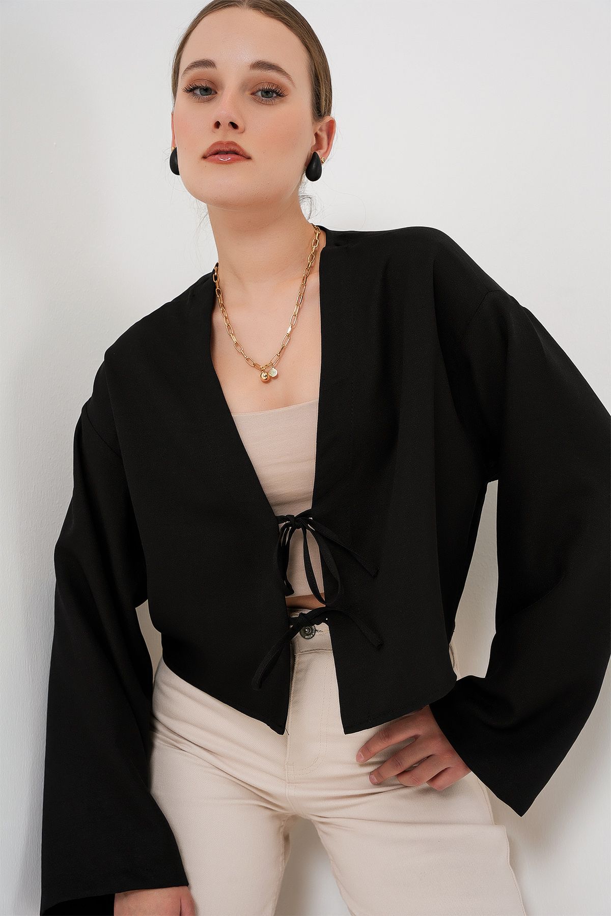 Bigdart-Tied Front Linen Kimono 960 - Black 1