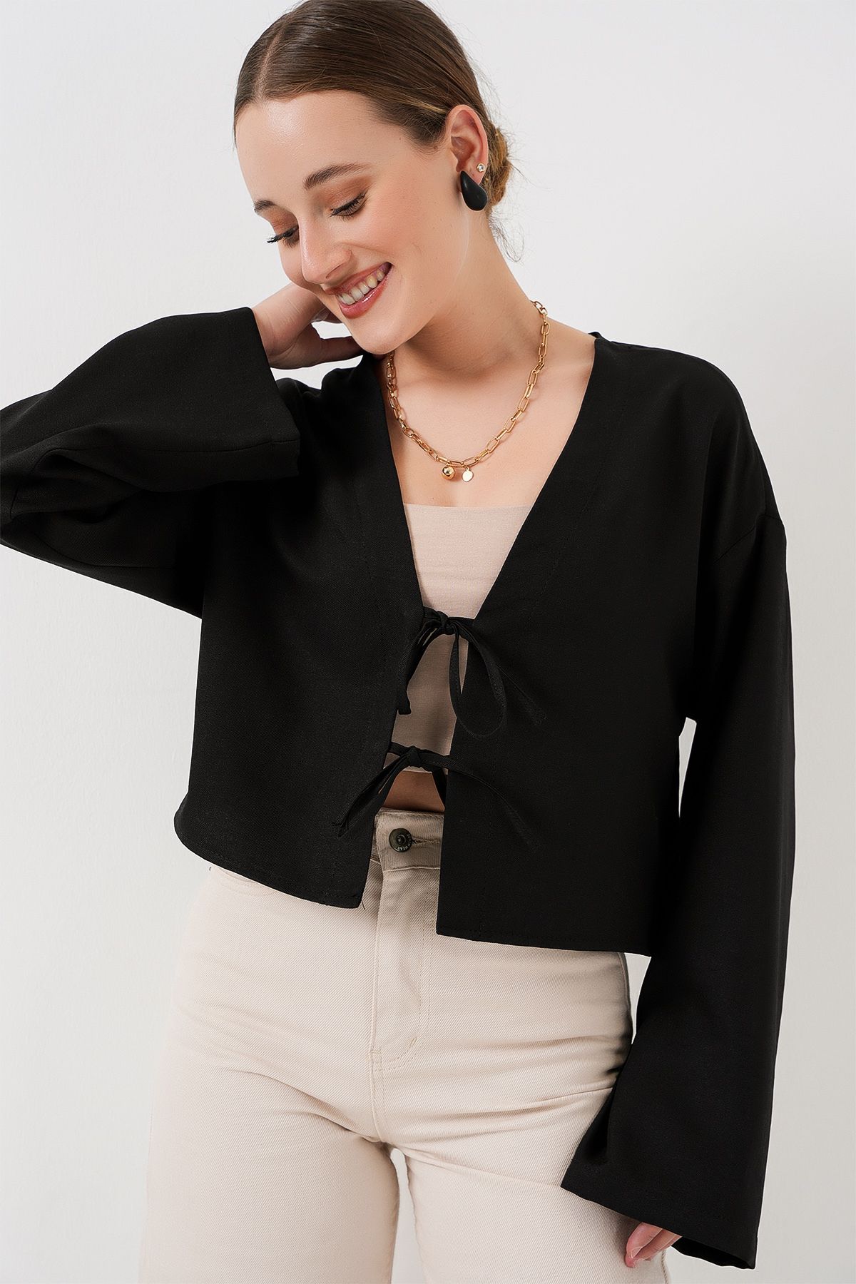 Bigdart-Tied Front Linen Kimono 960 - Black 4