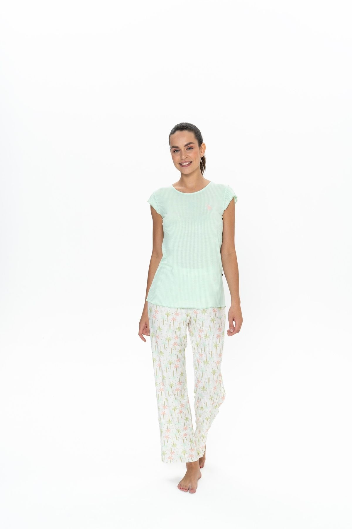 U.S. Polo Assn. U.S. Polo Assn. Kadın Mint Palmiye Desen Bisiklet Yaka Pijama Takımı - ARASS20J07W9J