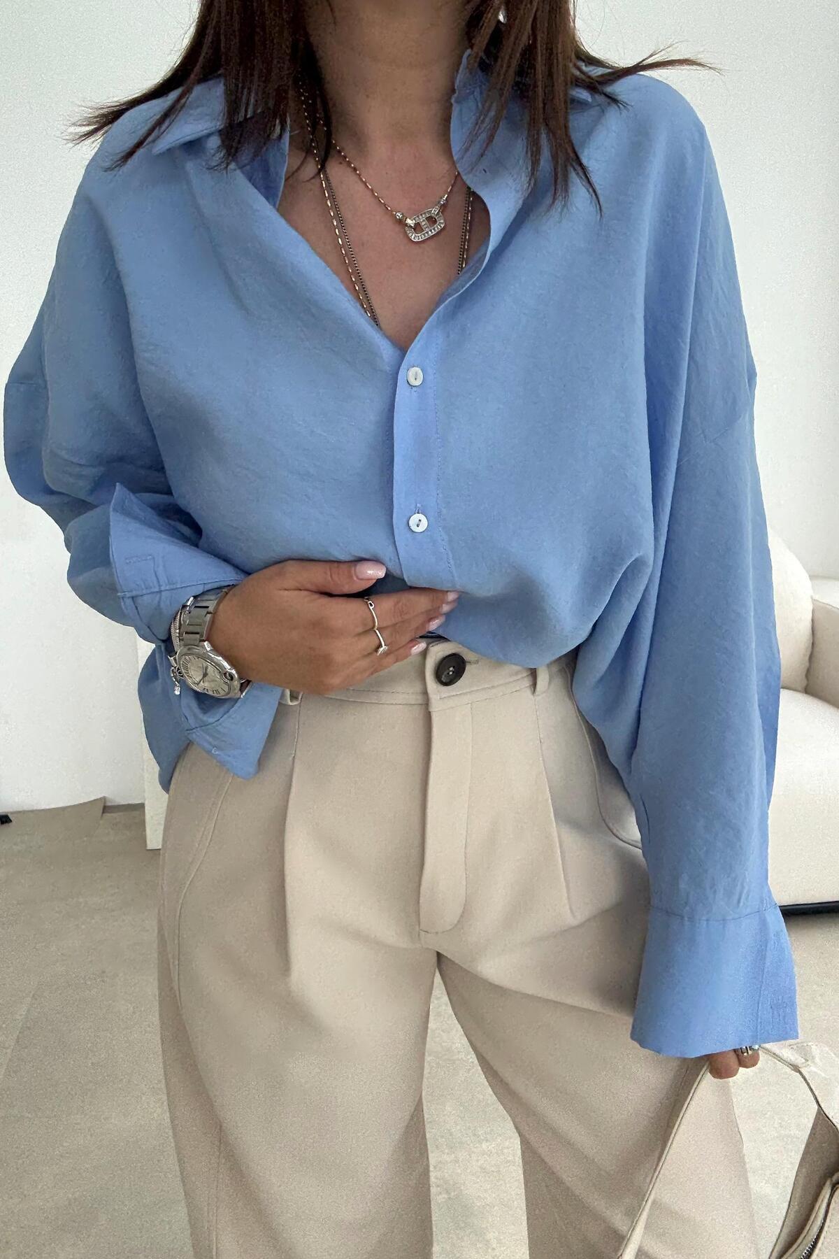 ELVAN TOLON-Blue Cuff Sleeve Tril Shirt 4