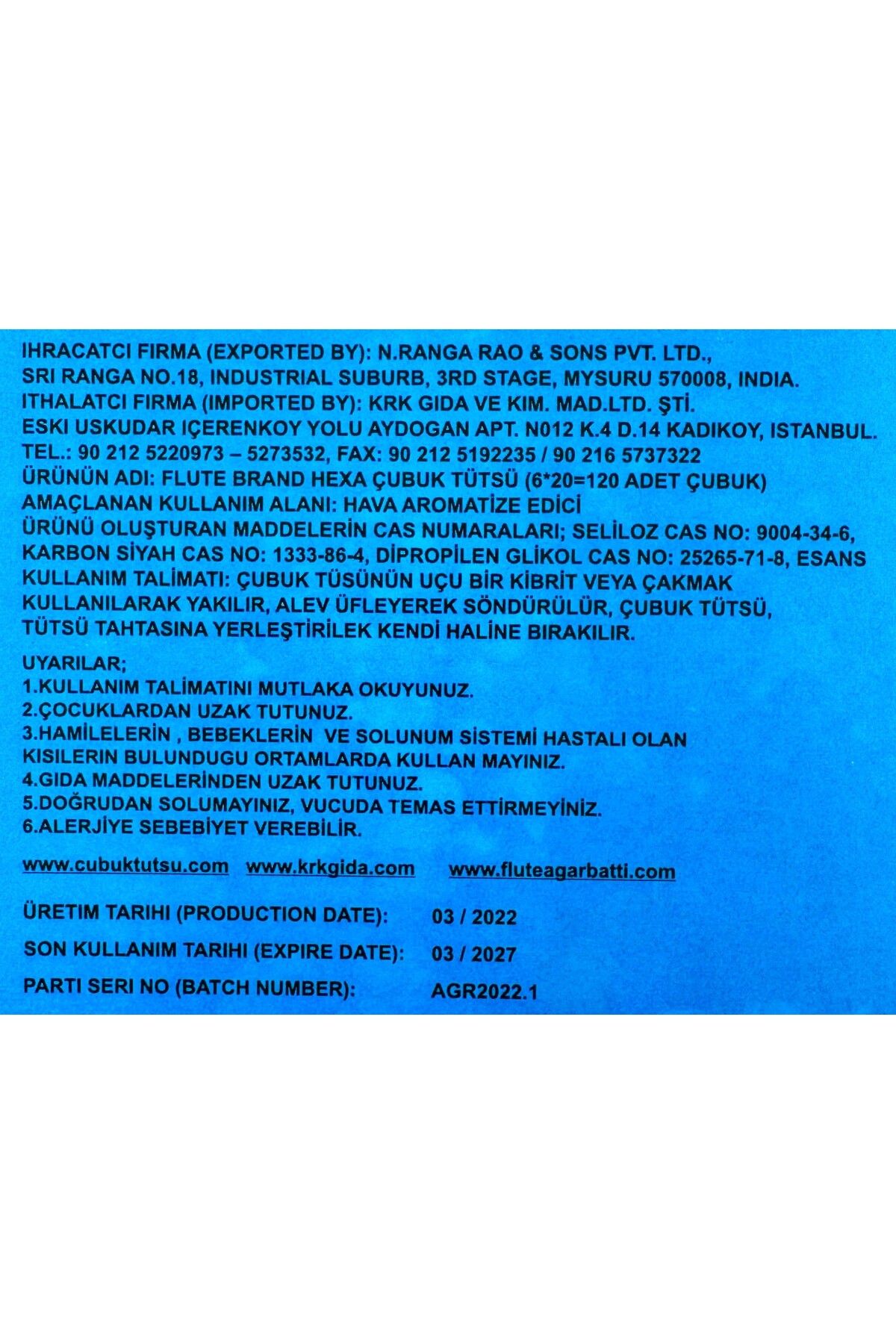 Flute ÇUBUK TÜTSÜ BİN ÇİÇEK HEXA (THOUSAND FLOWERS) 6*20=120 ÇUBUK