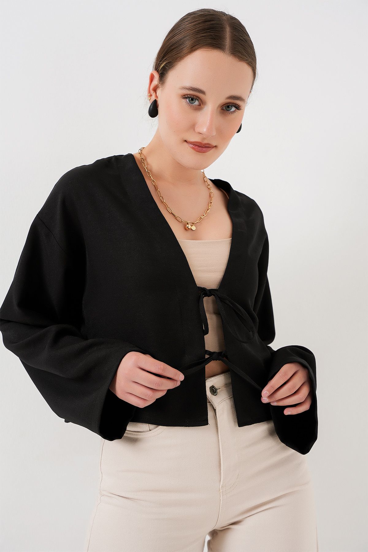 Bigdart-Tied Front Linen Kimono 960 - Black 3