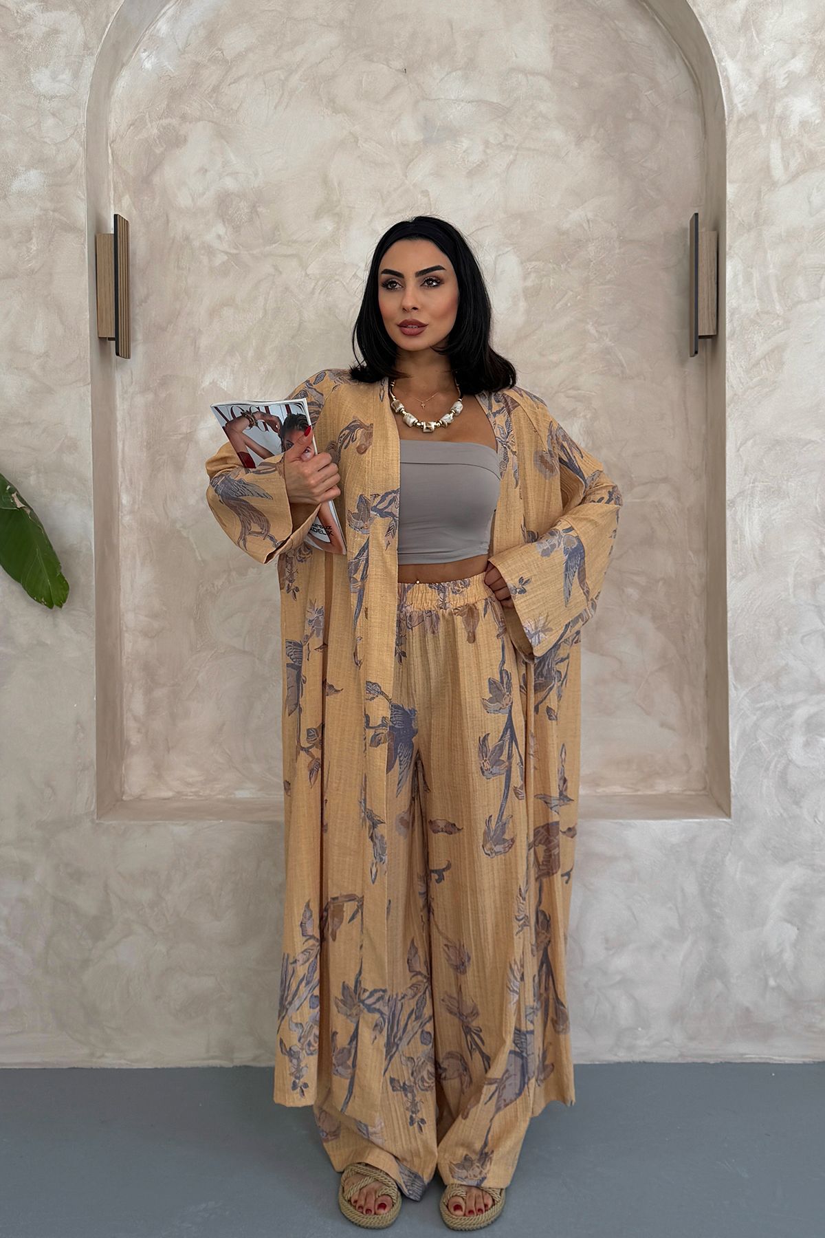 Ortaya Çık Camel Çiçekli Uzun Alt Üst Kimono Takım
