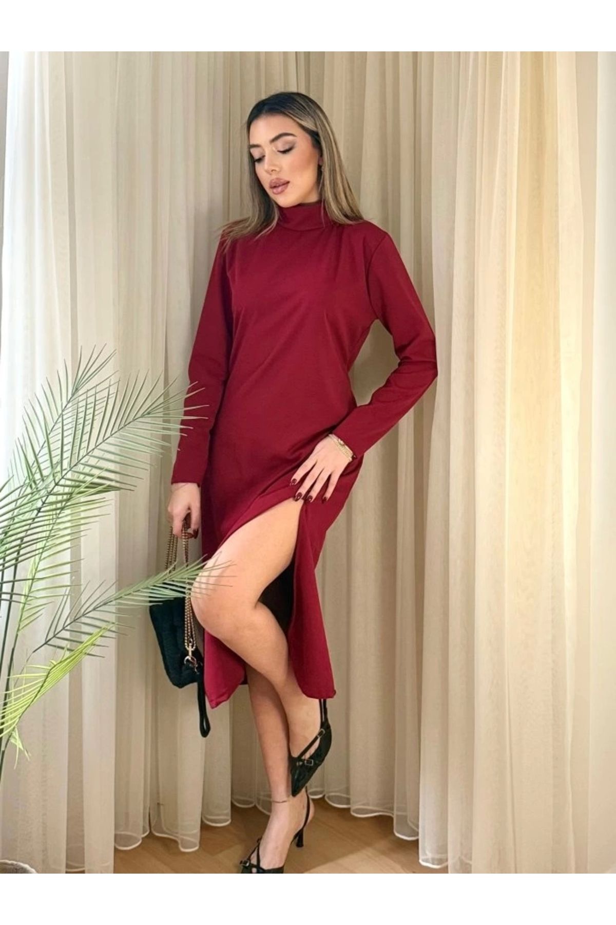 nedo7 Kadın Uzun Kollu Balıkçı Yaka Derin Yırtmaç Detay Krep Elbise