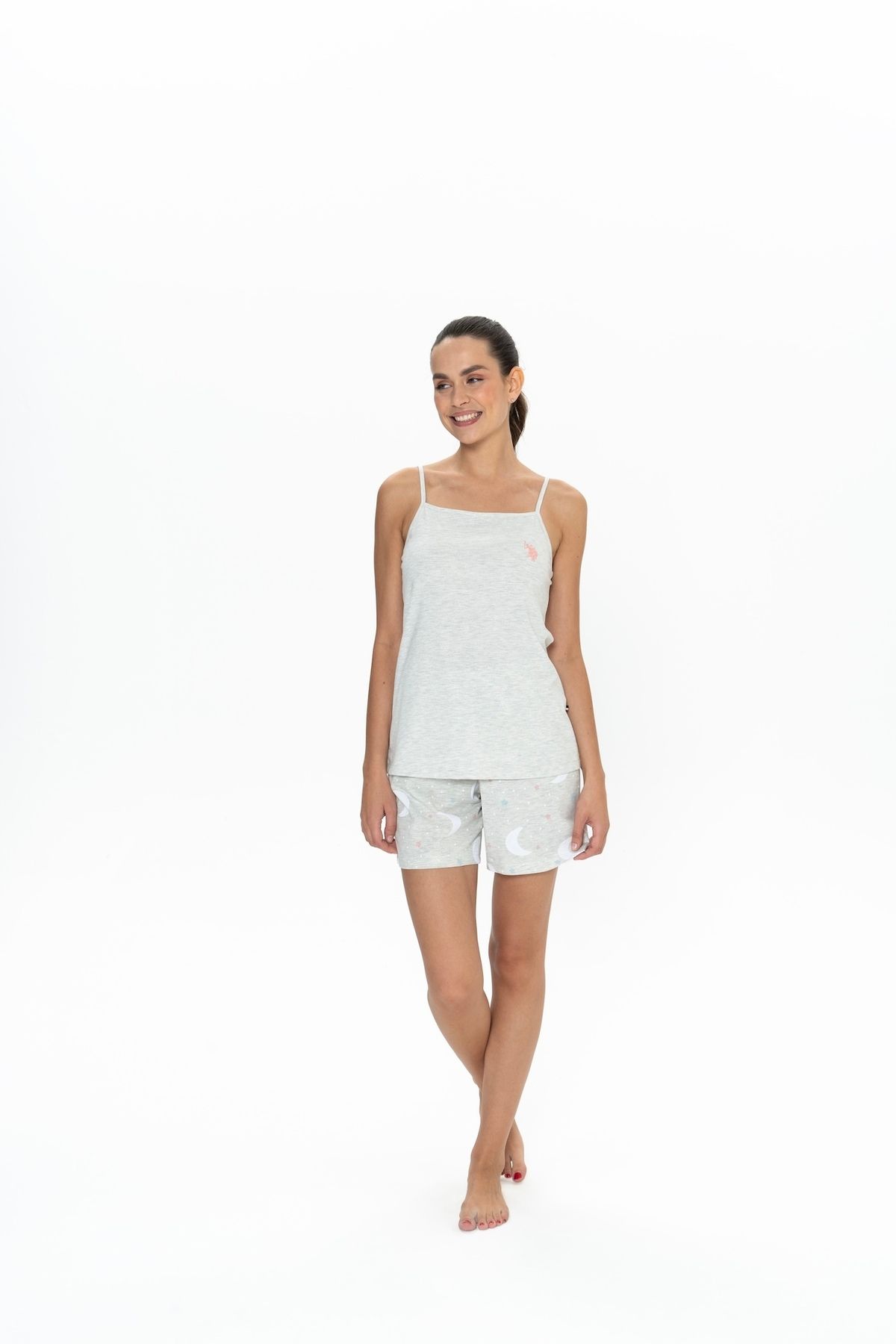U.S. Polo Assn. U.S. Polo Assn. Kadın Ekru İnce Askılı Şort-Tshirt Pijama Takımı - ARASS20W07W6W
