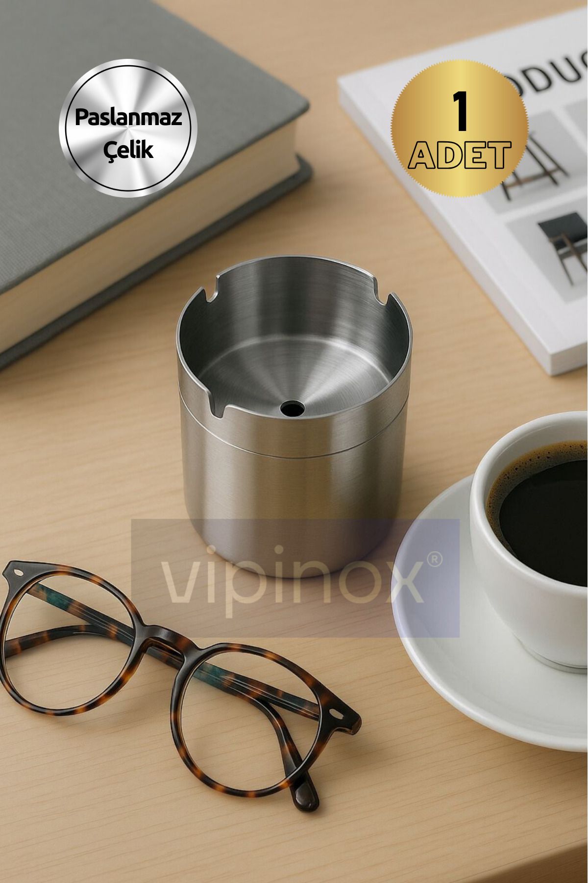 Vipinox Paslanmaz Çelik Kapaklı Premium Kokusuz Küllük Otel Kafe Restoran Kül Tablası 120 gr