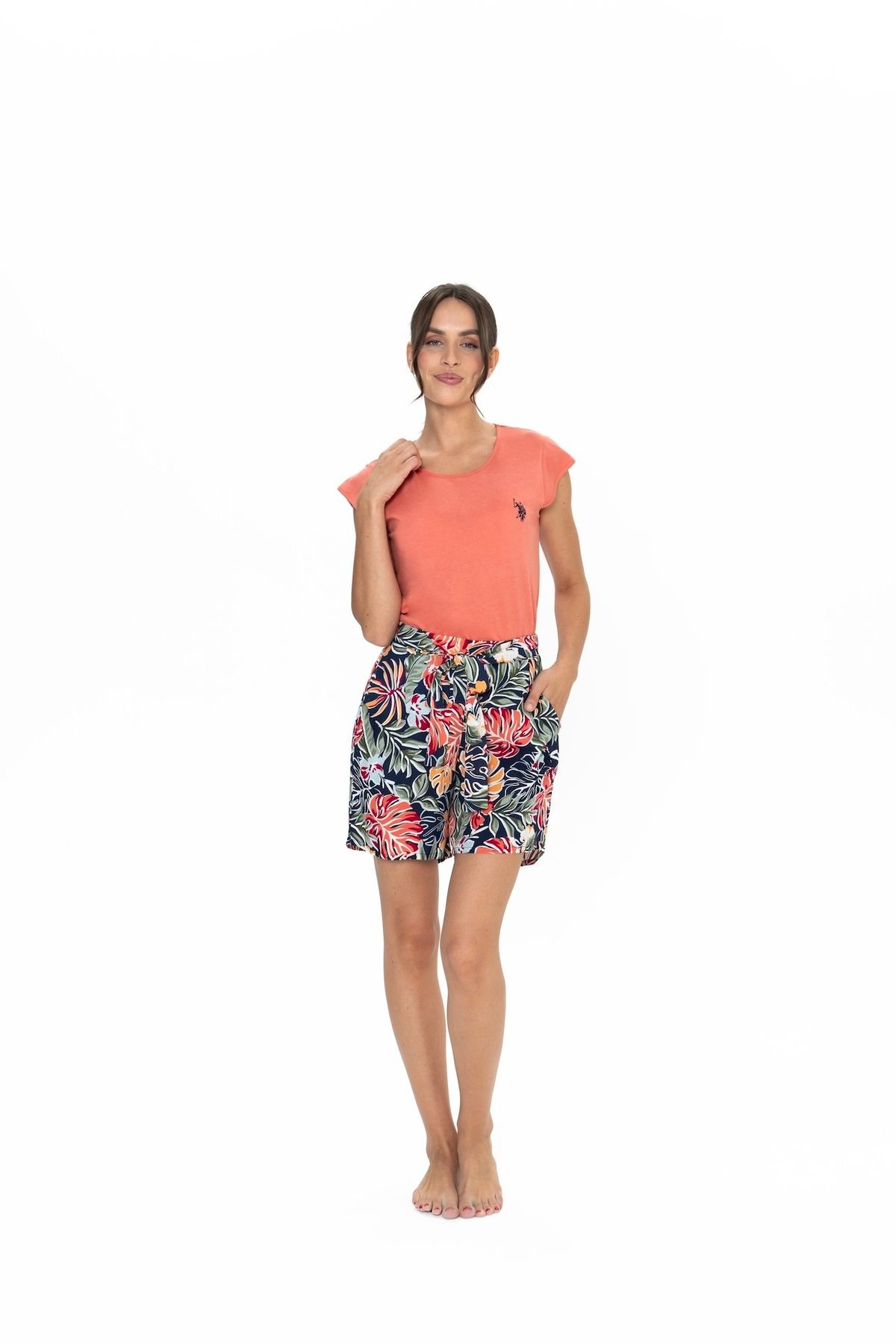 U.S. Polo Assn. U.S. Polo Assn. Kadın Mercan Yaprak Desen Şort-Tshirt Pijama Takımı - ARASS20J02W7J