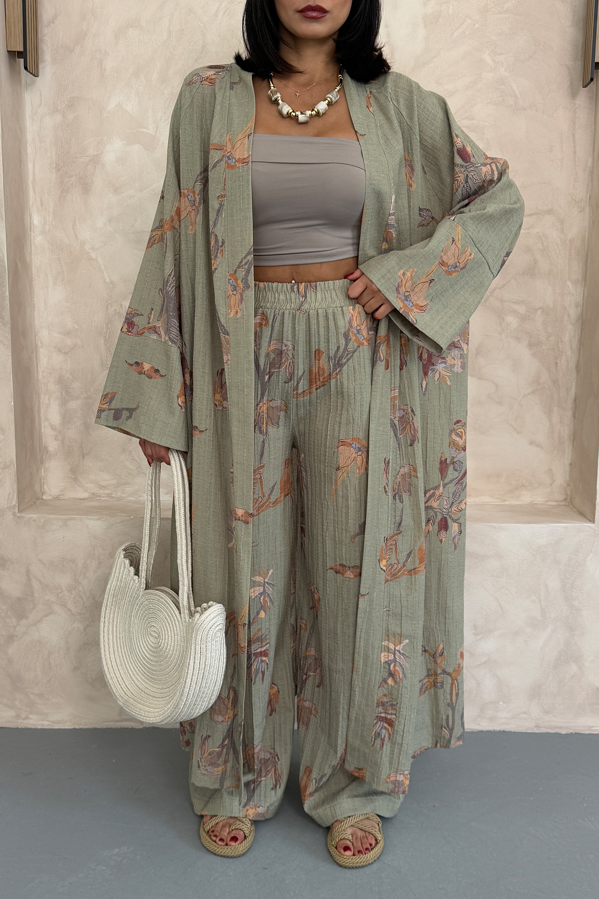 Ortaya Çık-Khaki Floral Long Bottom Top Kimono Set 4