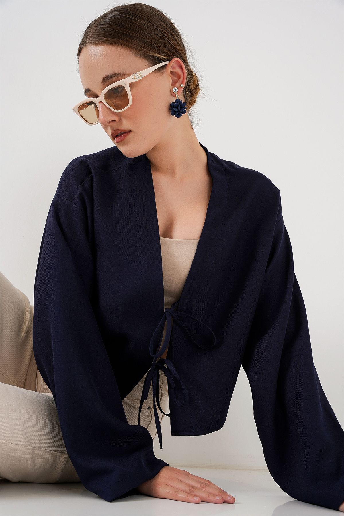Bigdart-Tied Front Linen Kimono 960 - Navy Blue 3