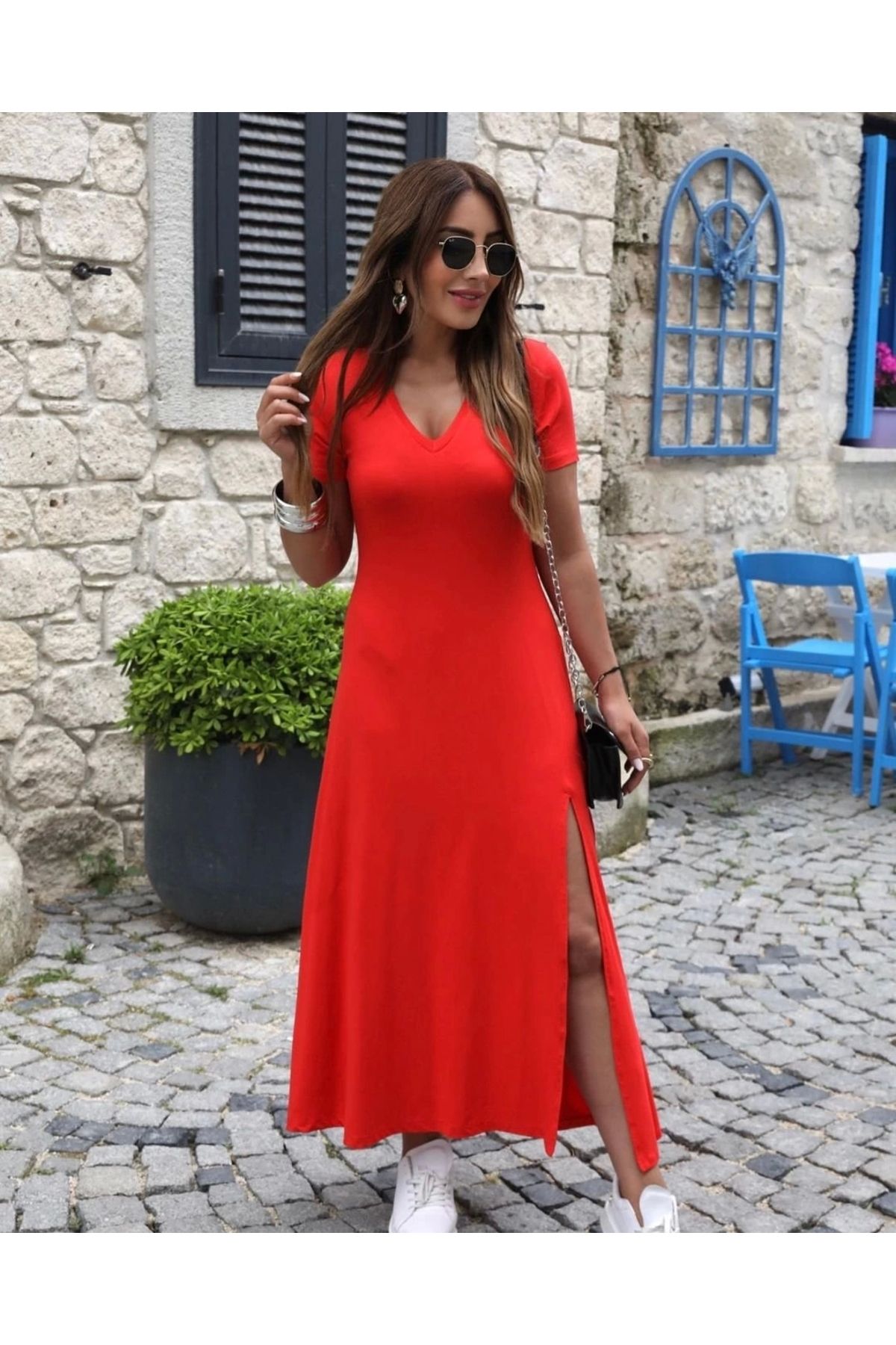 nedo7 Kadın Kısa Kollu V Yaka Maxi Boy Elbise 124 Cm