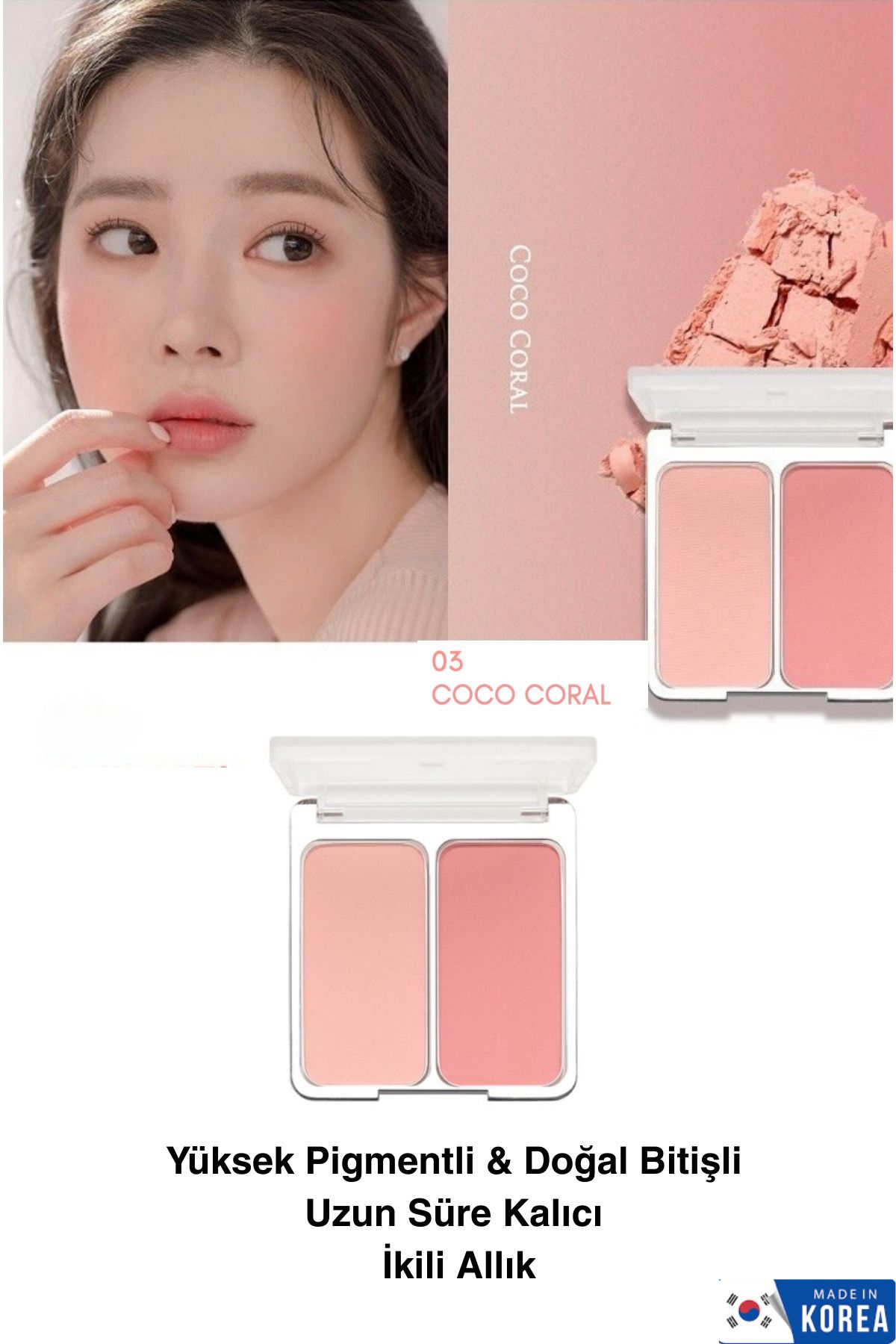 2aN Yüksek Pigmentli & Doğal Bitişli Uzun Süre Kalıcı İkili Toz Allık 03 Coco Coral