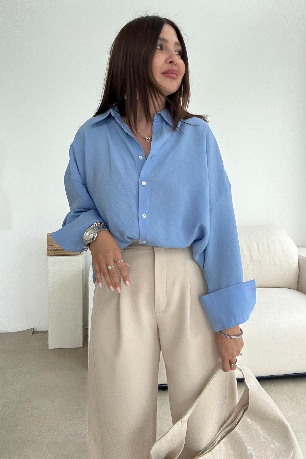 ELVAN TOLON-Blue Cuff Sleeve Tril Shirt 7