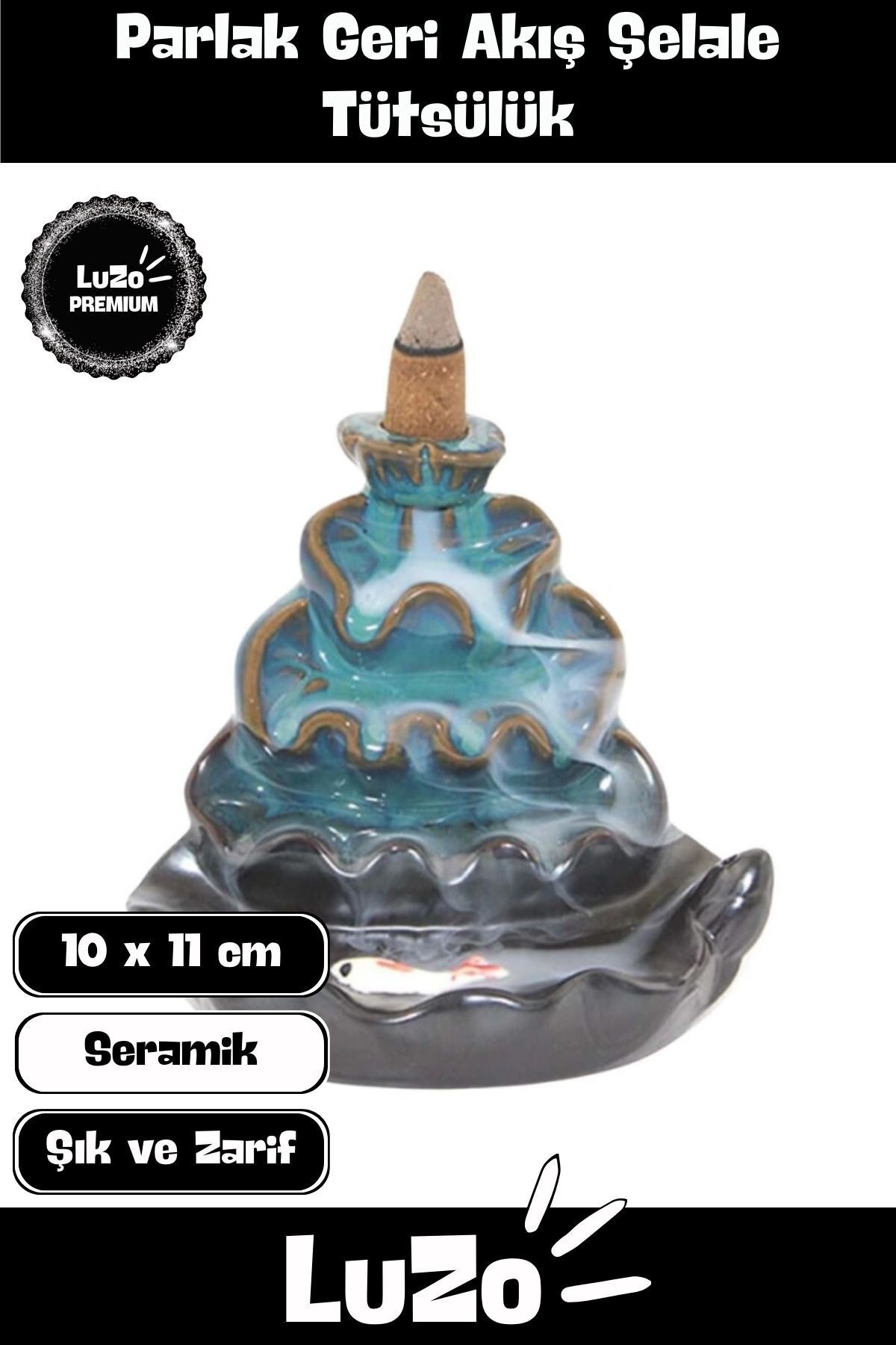 LuZo Premium Seri Dekoratif Şık Parlak Seramik Şelale Geri Akış Tütsülük & Oda Kokusu Biblo 10 x 11 cm