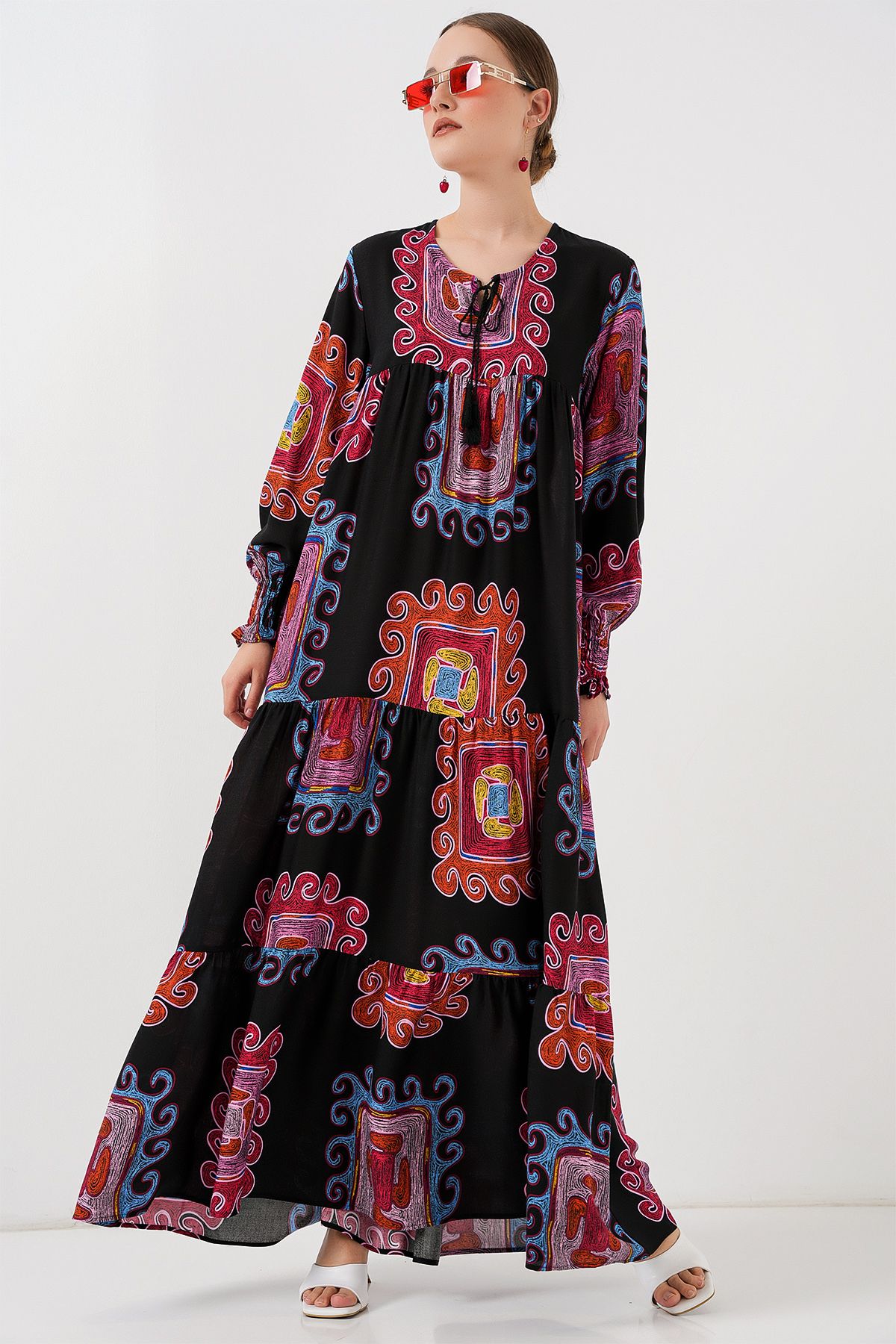 Bigdart-1947 Gemustertes langes Kleid - M. Rot 3