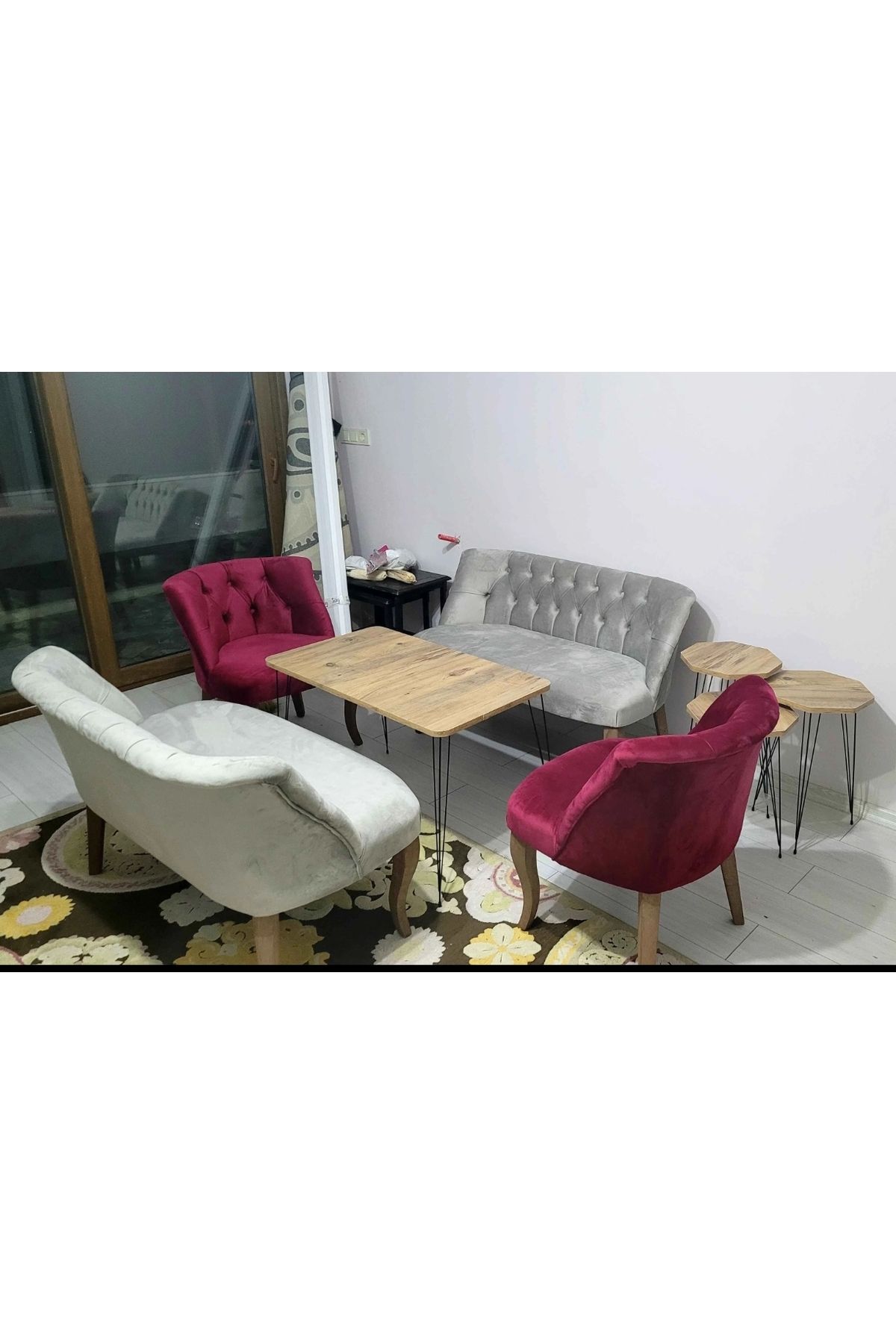 Ecem Life Gri bordo cay seti koltuk takımı 2 2 1 1 puf hediye