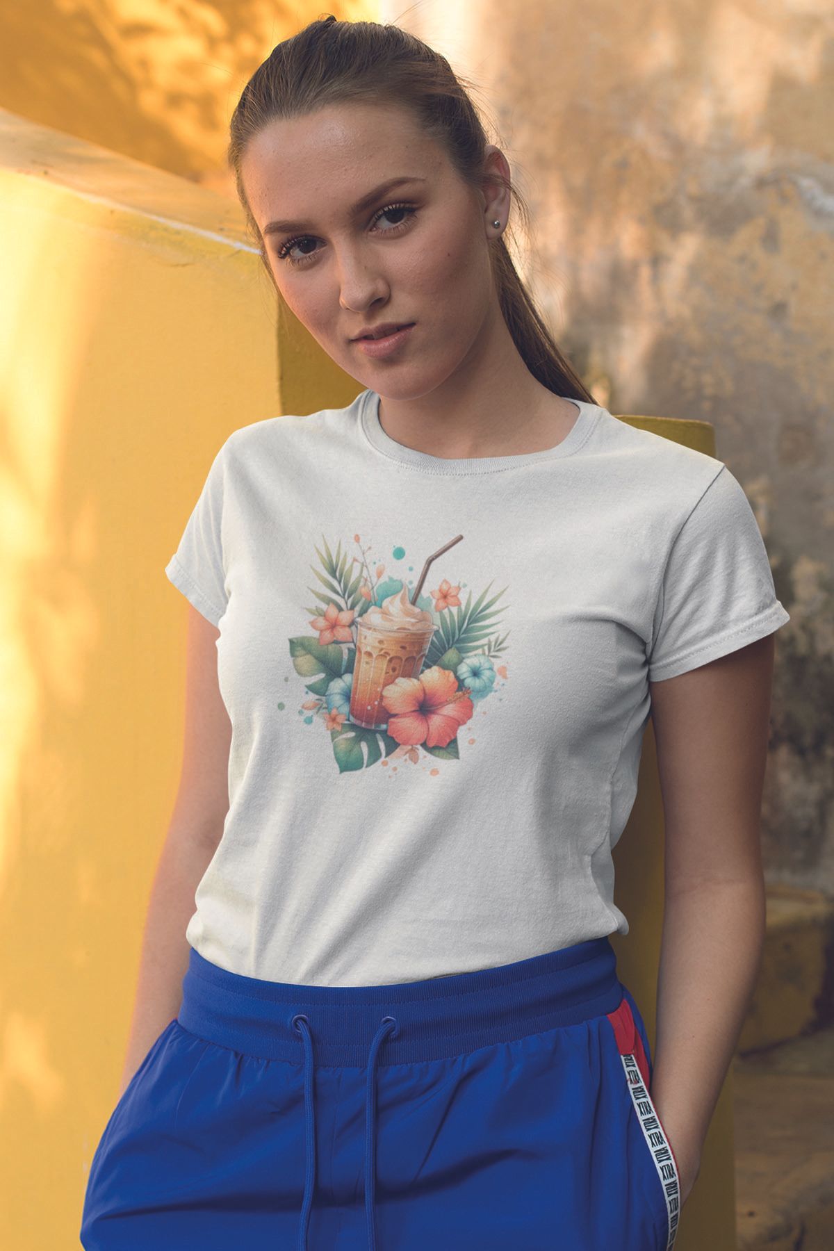 qoeuyl boutique Yaz Kokteyli Baskılıyaz Temalı Unisex Regular Fit Pamuklu Beyaz Tişört