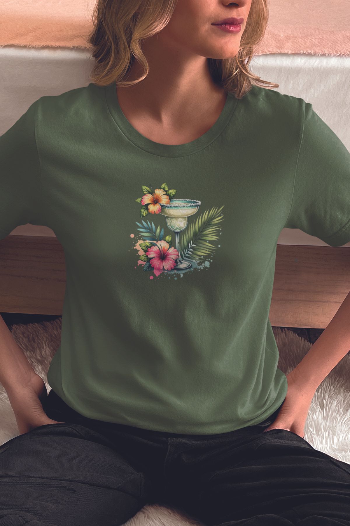 qoeuyl boutique Margarita Kokteyl Ve Tropikal Çiçek Baskılıyaz Temalı Unisex Regular Fit Pamuklu Yeşil Tişört