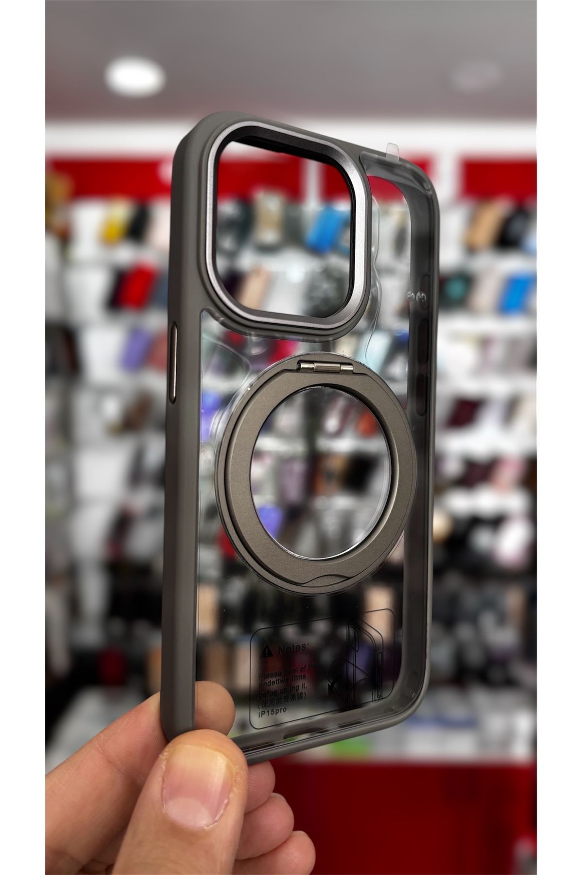darkpower Apple İPhone 15 Pro Halkalı Standlı Magsafeli Darbe Emici A++ Kaliteli Silikon Gri Kılıf
