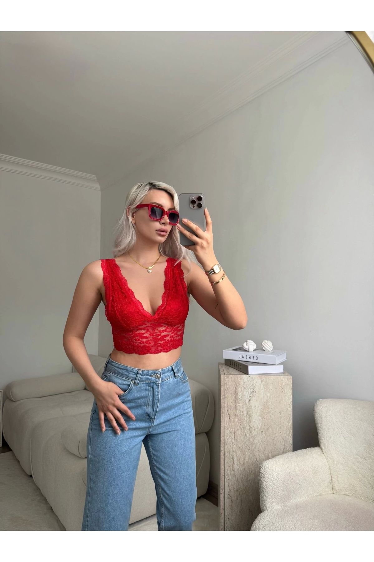 Zora Butik Sırt Dekolte Dantelli Bralet - KIRMIZI