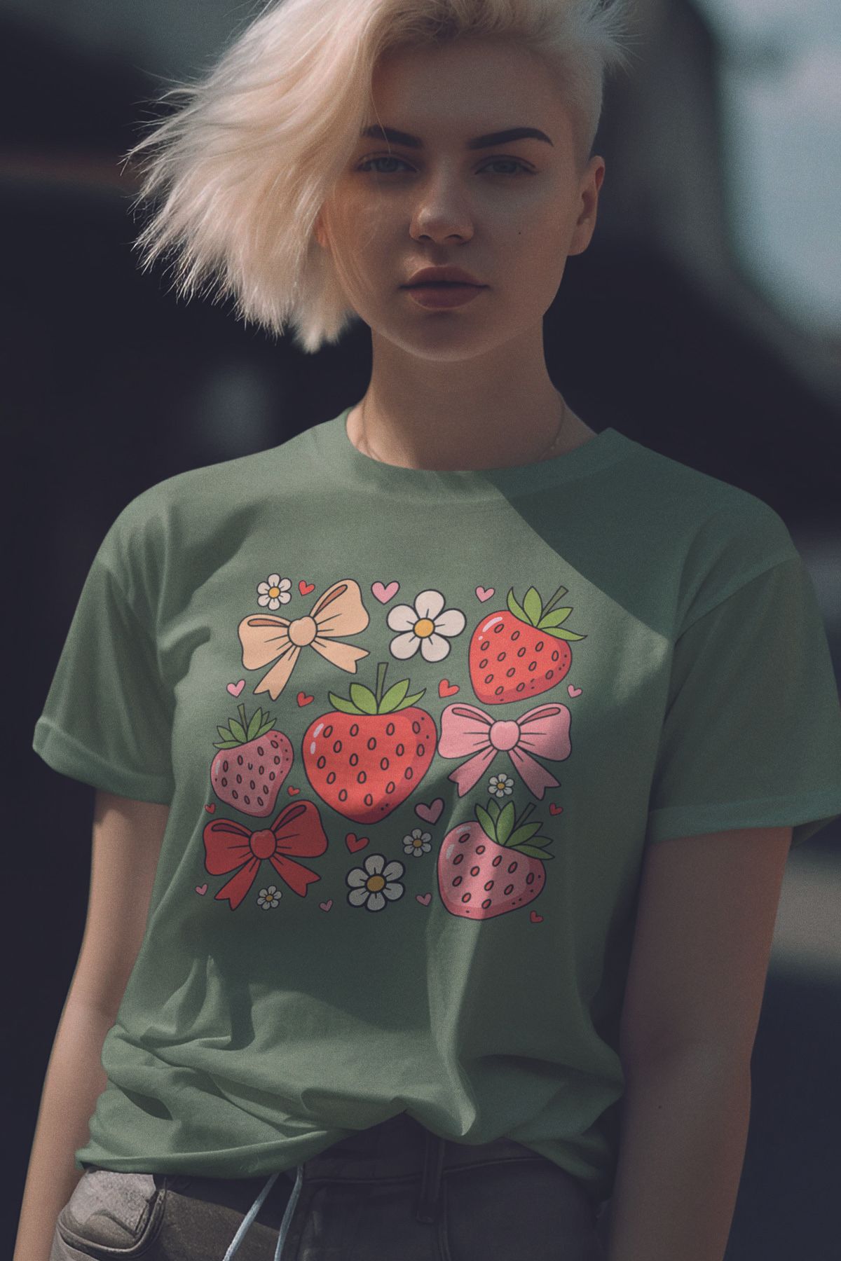 qoeuyl boutique Çilek Ve Kurdele No:3 Baskılıyaz Temalı Unisex Regular Fit Pamuklu Yeşil Tişört
