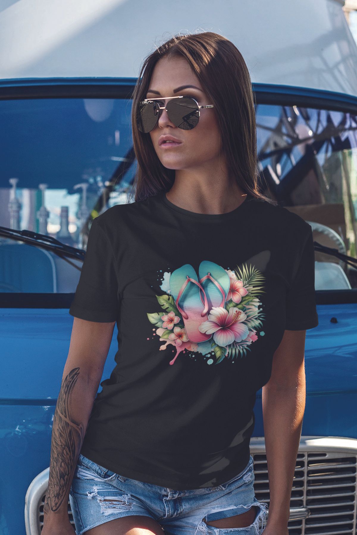 qoeuyl boutique Renkli Sahil No:1 Baskılıyaz Temalı Unisex Regular Fit Pamuklu Siyah Tişört