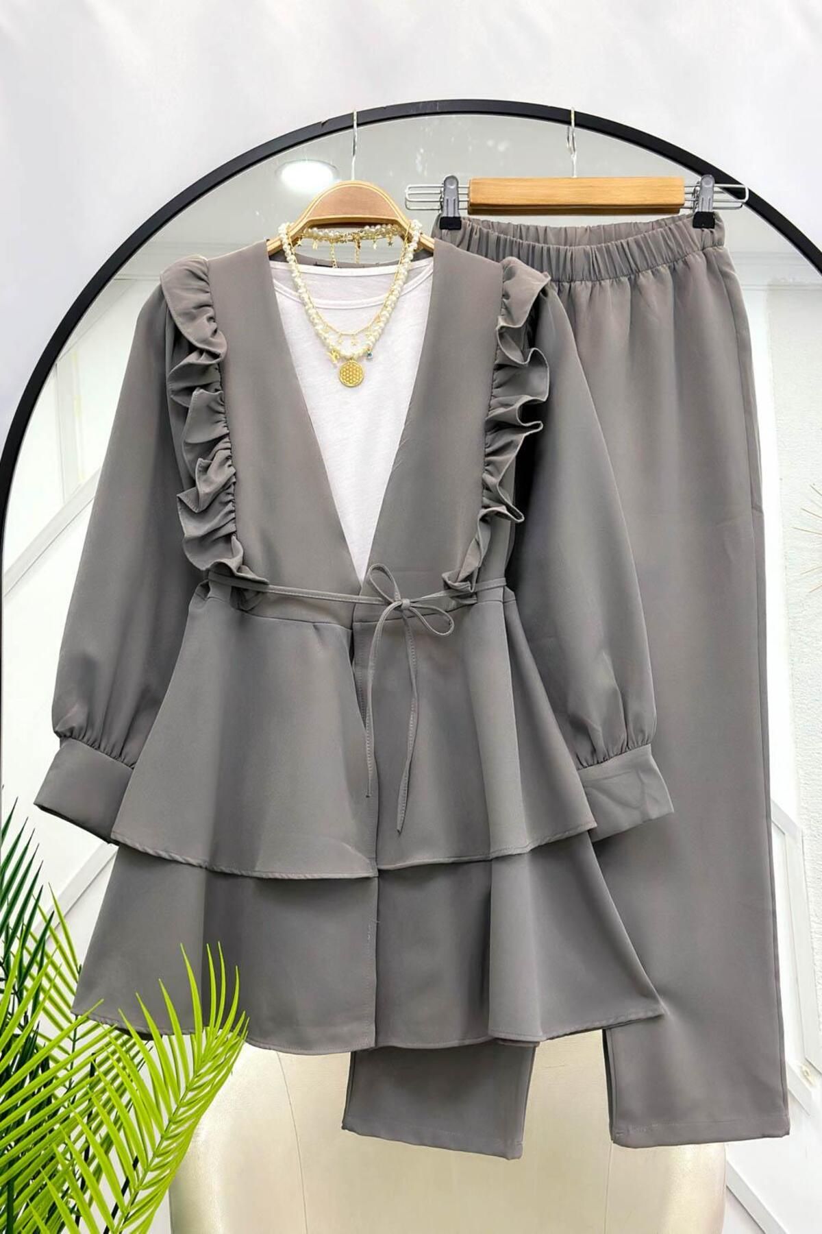 Lucia Fashion Fırfırlı Kuşaklı Tunik Pantolon İkili Takım