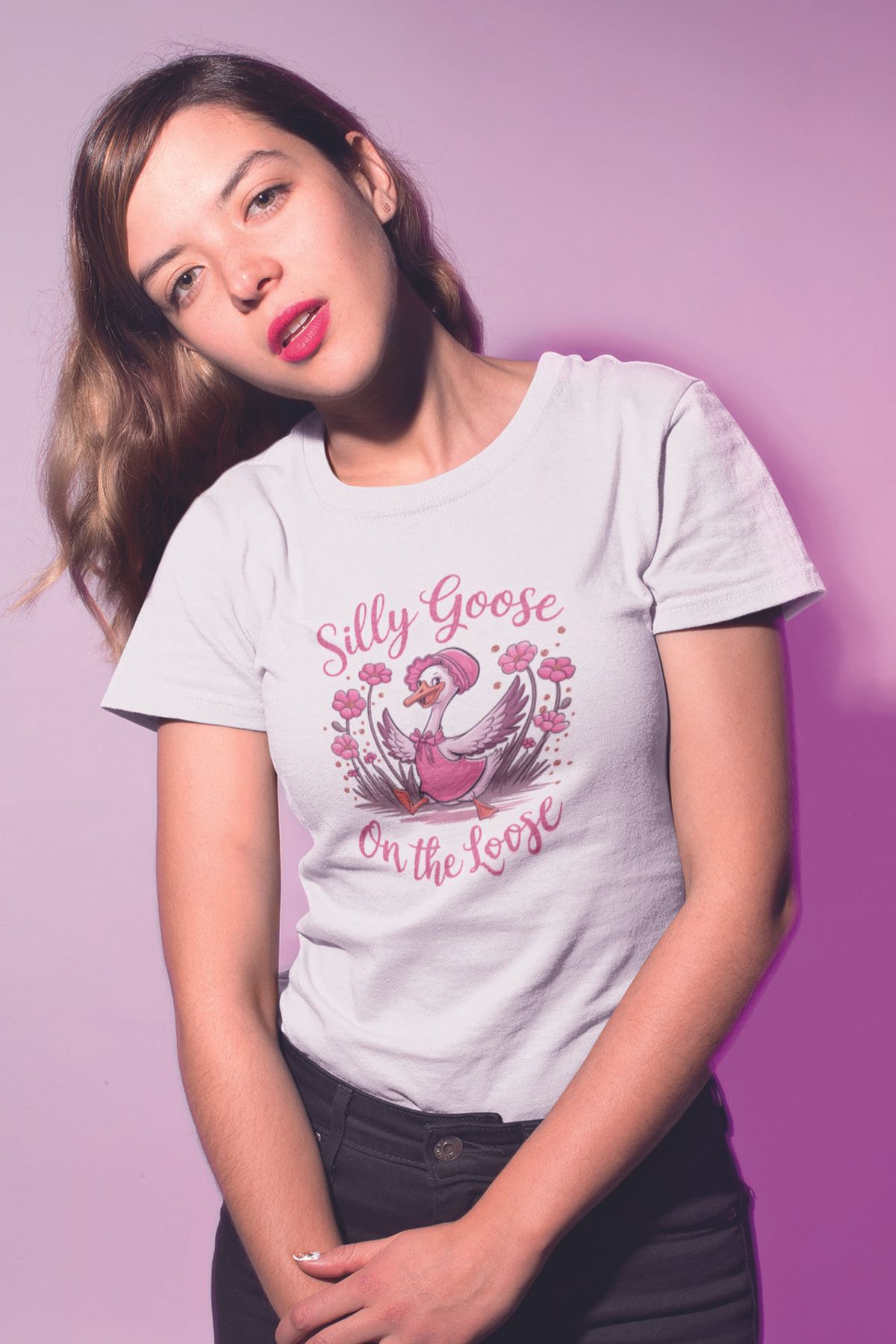 qoeuyl boutique Silly Goose On The Loose Baskılı Unisex Regular Fit Pamuklu Beyaz Tişört