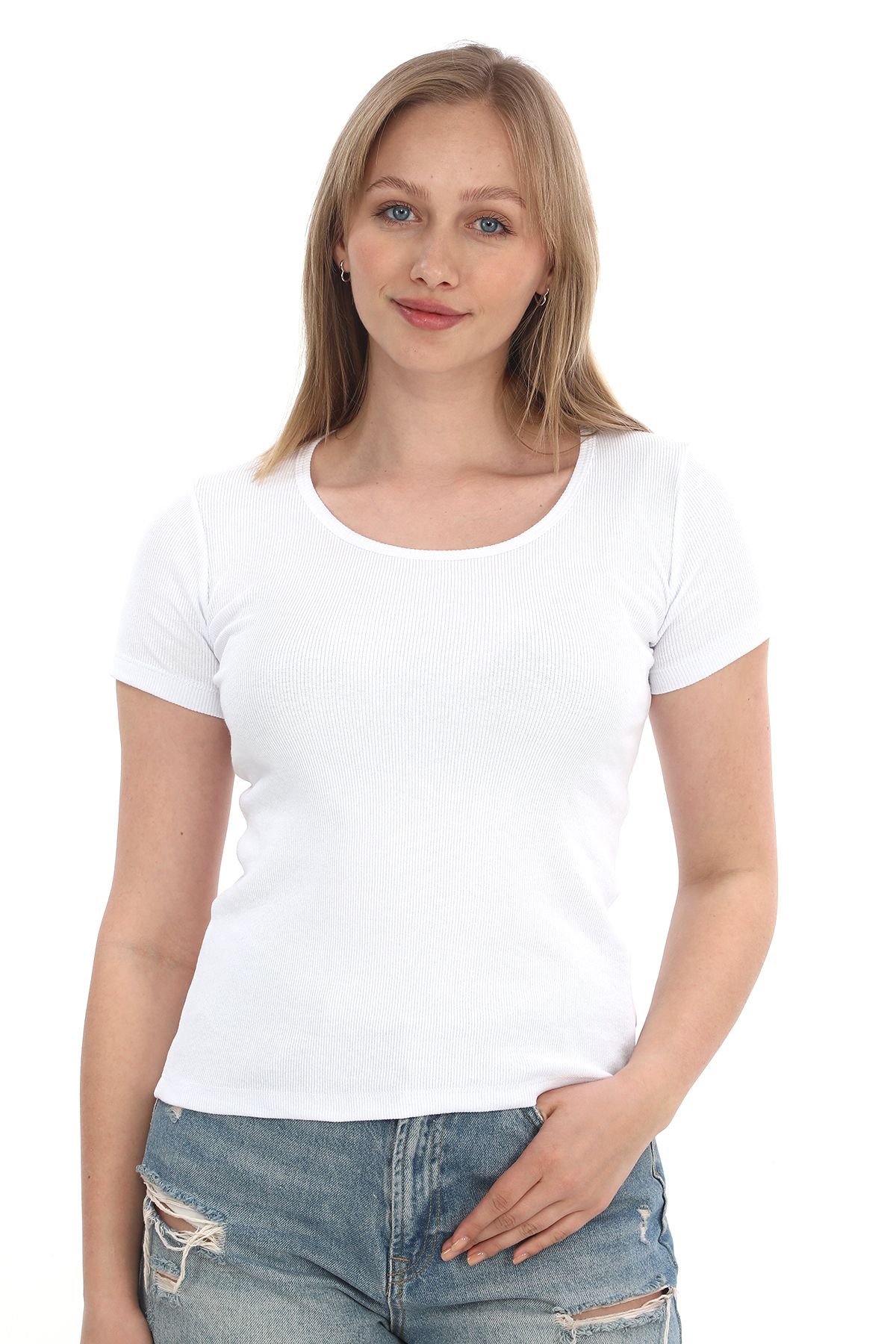 monox Kadın Fitilli Likralı Pamuk Basic Tshirt