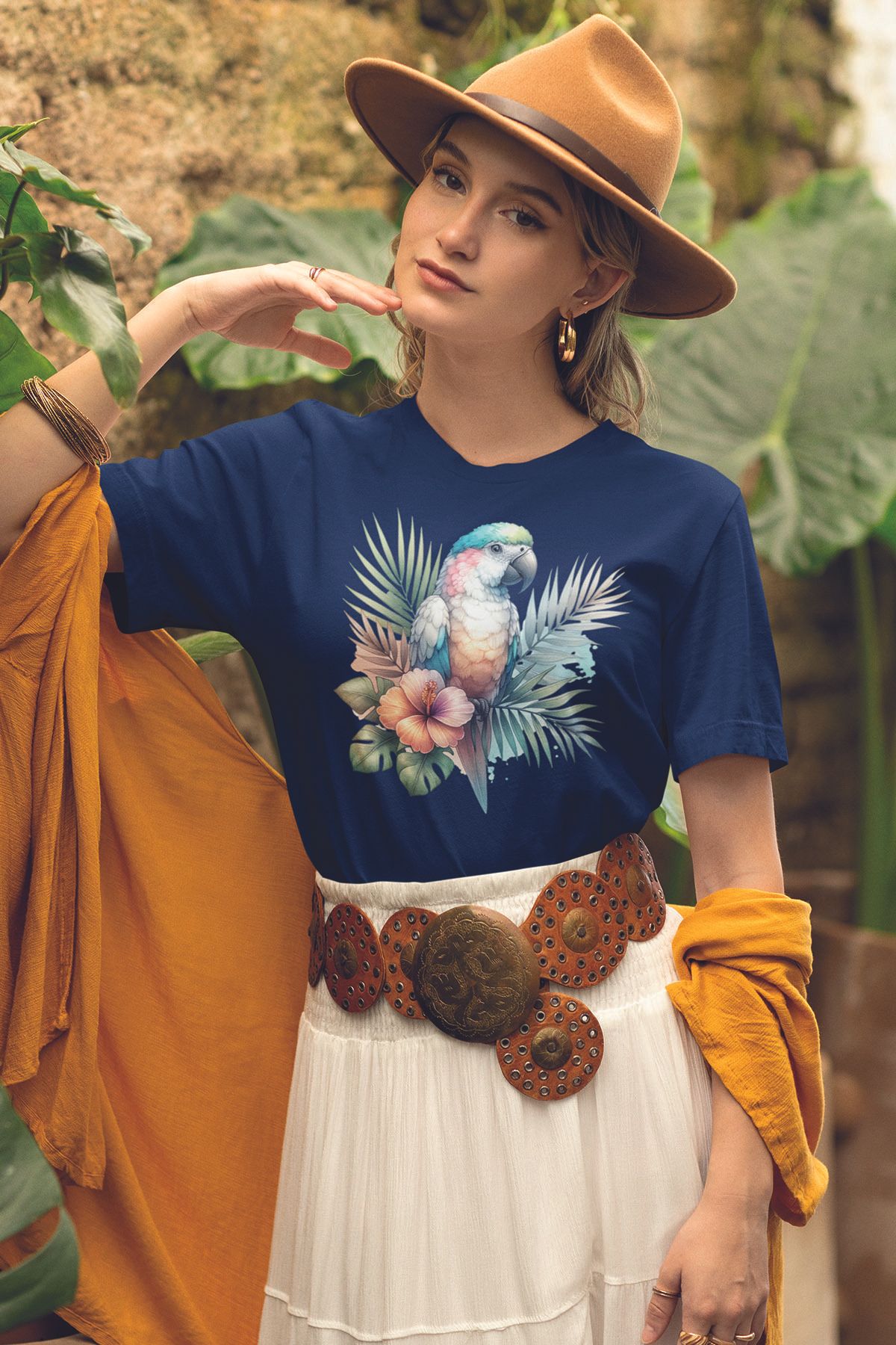 qoeuyl boutique Tropikal Papağan Baskılıyaz Temalı Unisex Regular Fit Pamuklu Lacivert Tişört