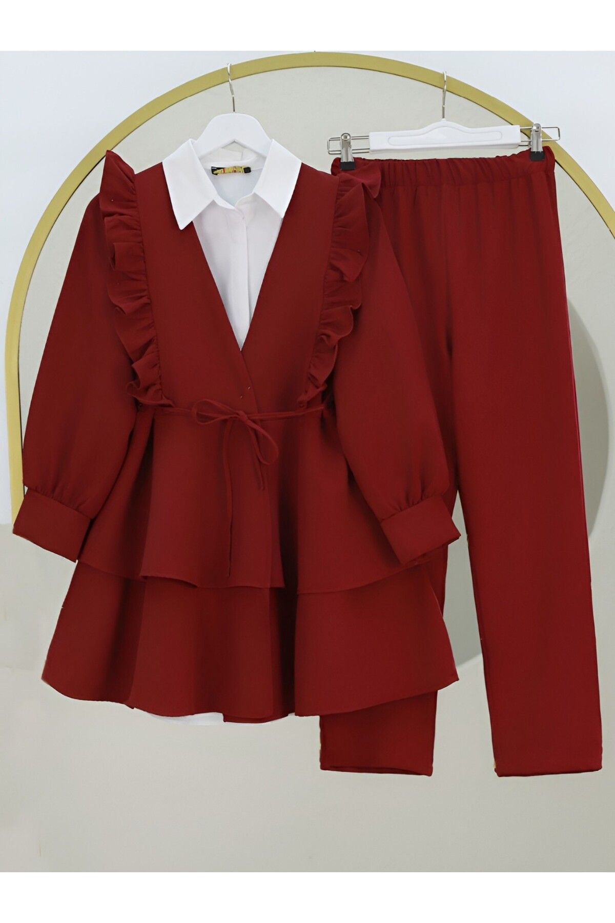 Lucia Fashion Fırfırlı Kuşaklı Tunik Pantolon İkili Takım