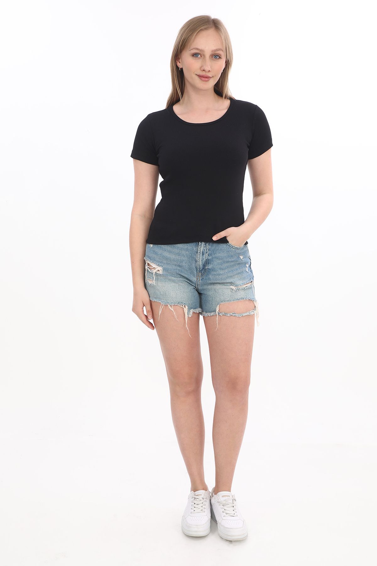 monox Kadın Fitilli Likralı Pamuk Basic Tshirt