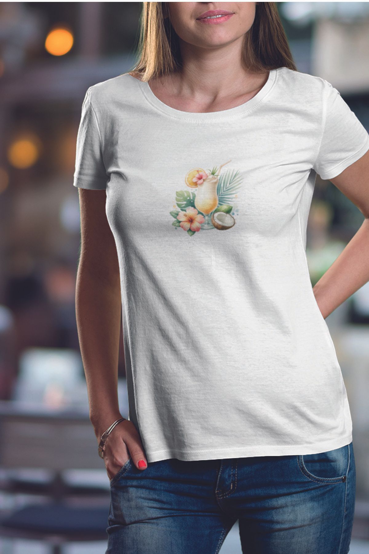 qoeuyl boutique Tropikal Kokteyl Baskılıyaz Temalı Unisex Regular Fit Pamuklu Beyaz Tişört