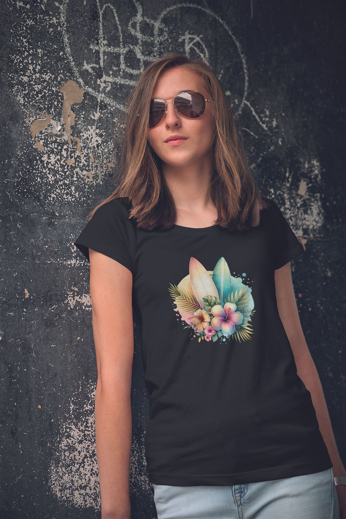 qoeuyl boutique Renkli Okyanus Çiçekler Baskılıyaz Temalı Unisex Regular Fit Pamuklu Siyah Tişört