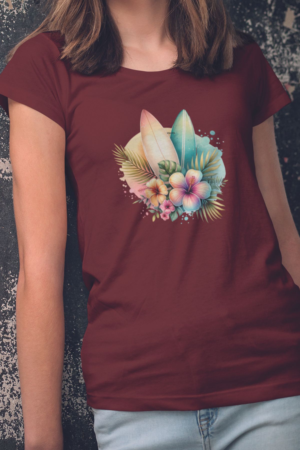 qoeuyl boutique Renkli Okyanus Çiçekler Baskılıyaz Temalı Unisex Regular Fit Pamuklu Bordo Tişört