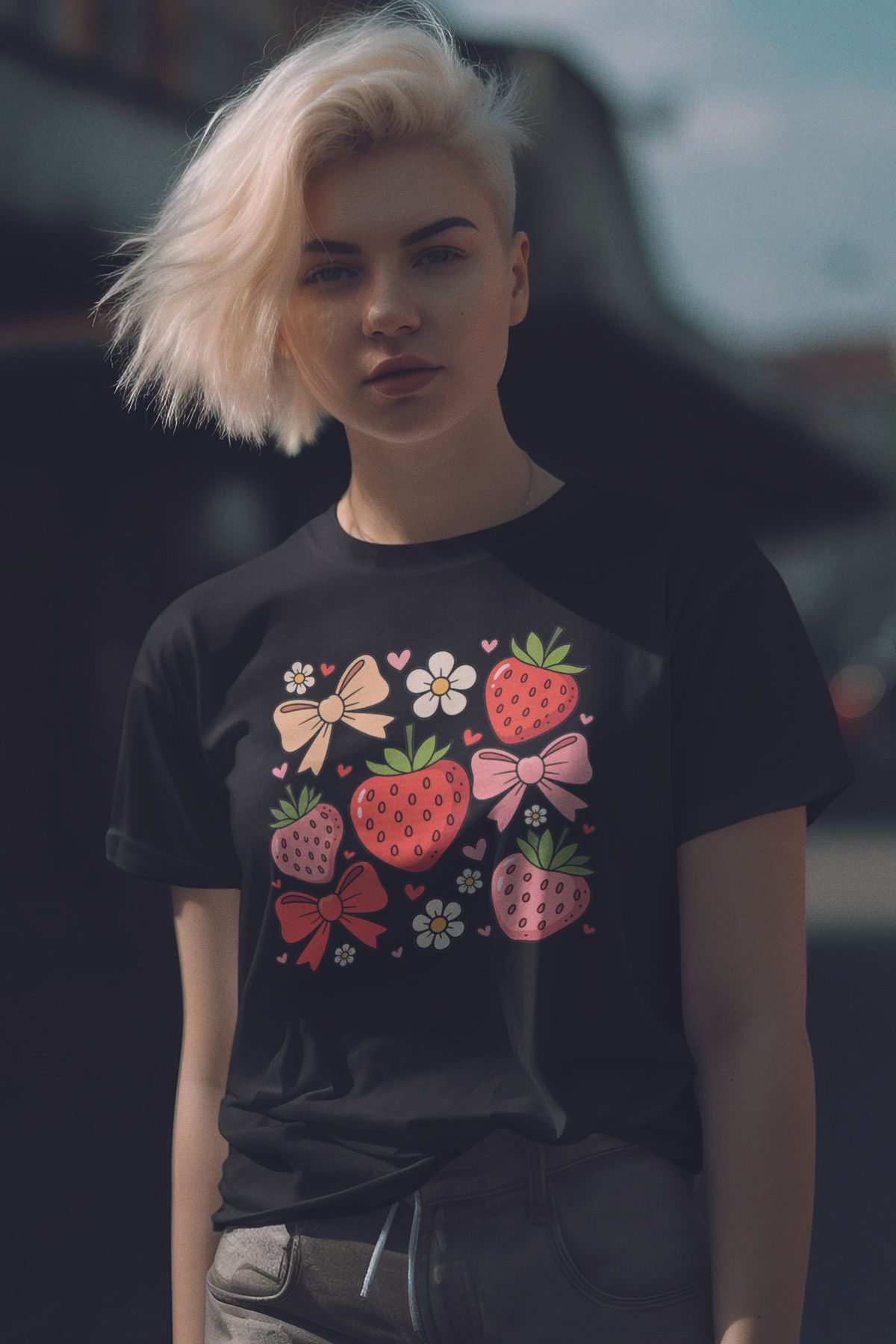 qoeuyl boutique Çilek Ve Kurdele No:3 Baskılıyaz Temalı Unisex Regular Fit Pamuklu Siyah Tişört