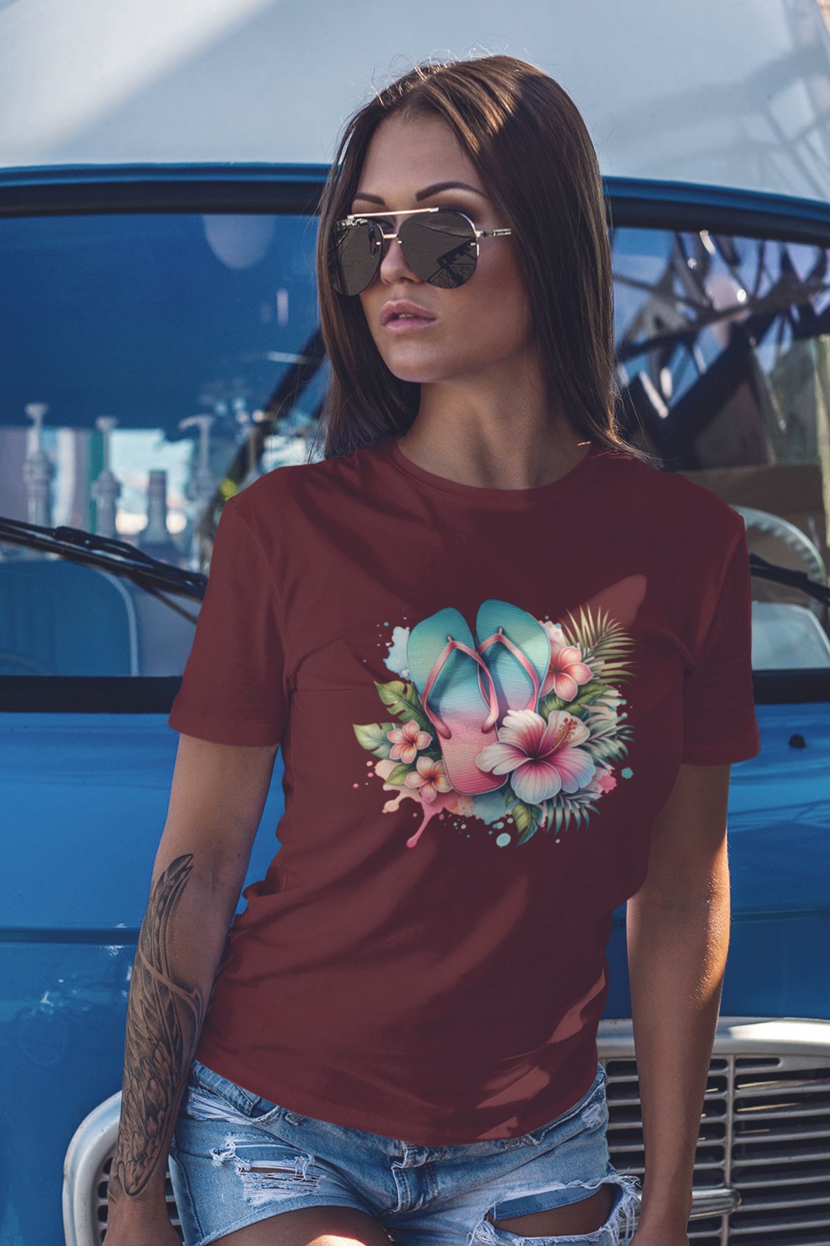 qoeuyl boutique Renkli Sahil No:1 Baskılıyaz Temalı Unisex Regular Fit Pamuklu Bordo Tişört