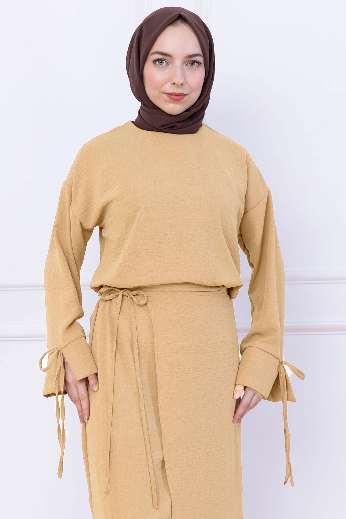 hafsamina-Side Tie Ayrobin Skirt Suit Beige Hm2738 4