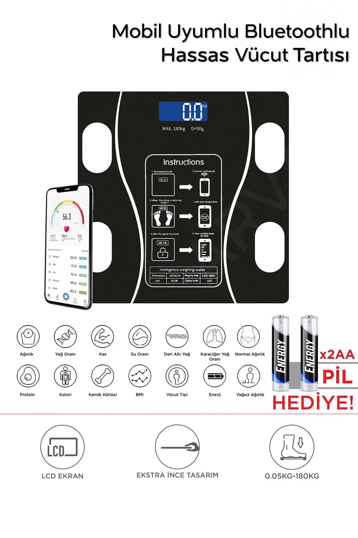 ARVALE Akıllı Bluetooth Tartı | Vücut Analizli Dijital Baskül – 180 kg, LCD Ekran, Mobil Uyumlu