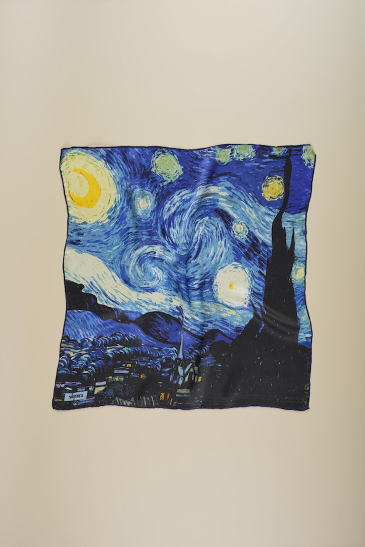silqoora %100 İpek Bandana Fular (55x55 CM)-Vincent Van Gogh (YILDIZLI GECE SAKS MAVİ)