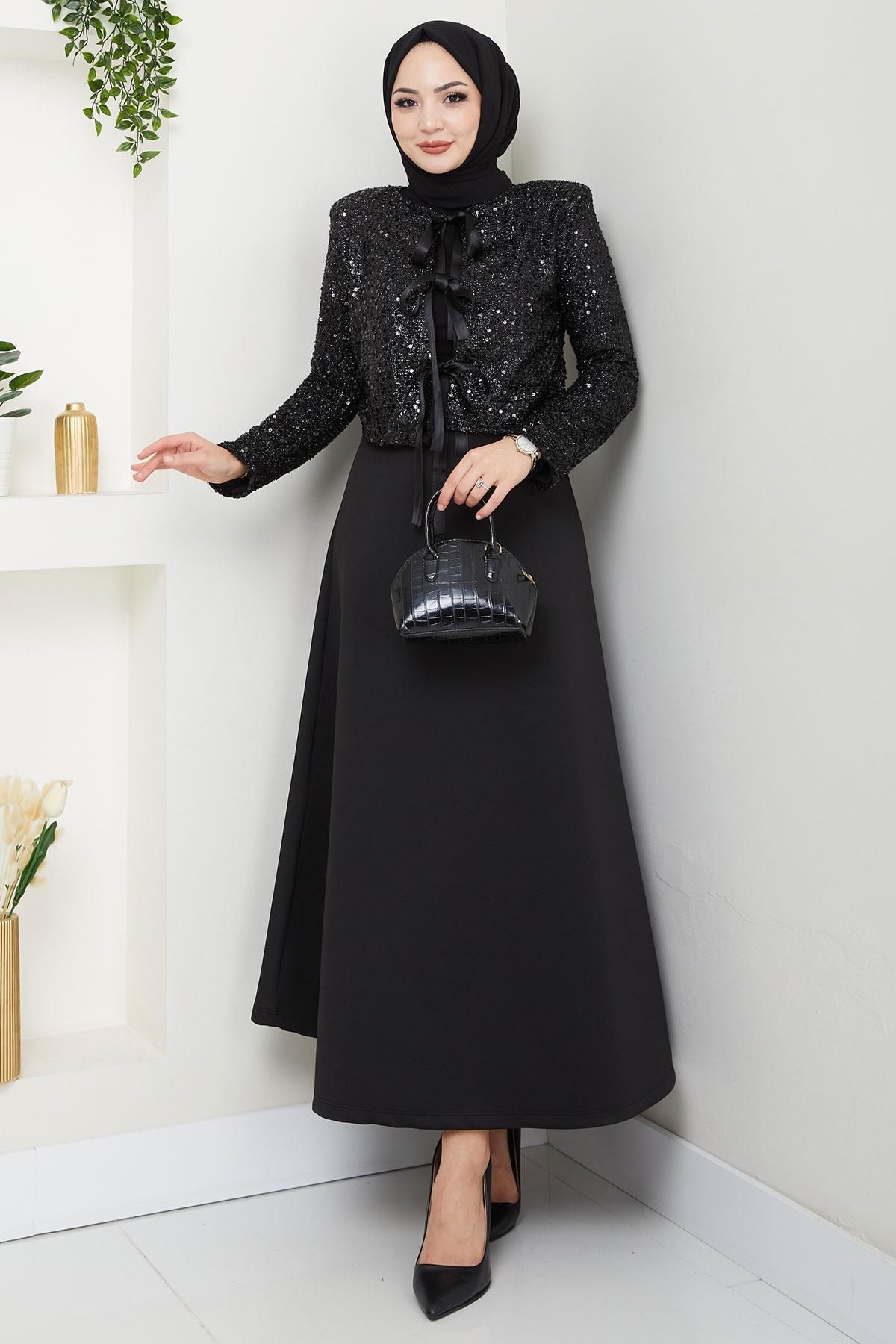 hafsamina Kurdeleli Pul Payet Ceketli Takım Siyah HM2725