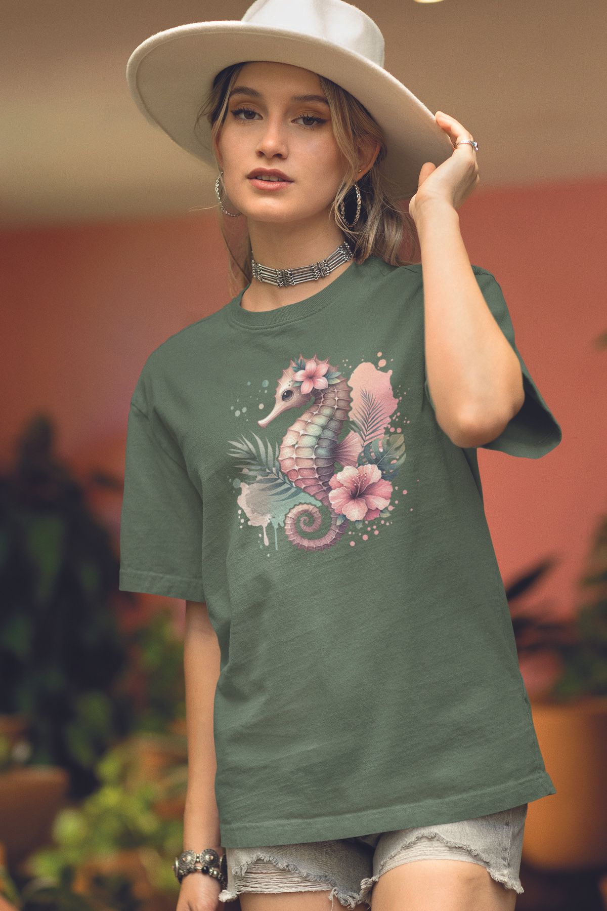 qoeuyl boutique Deniz Atı Baskılıyaz Temalı Unisex Regular Fit Pamuklu Yeşil Tişört