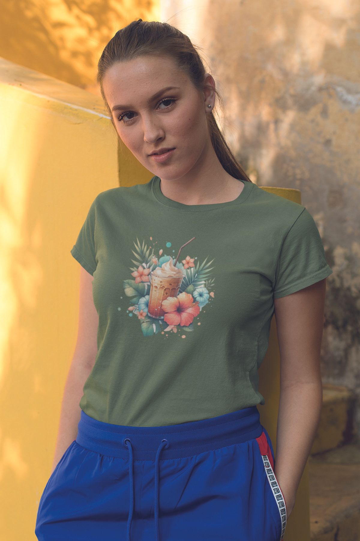 qoeuyl boutique Yaz Kokteyli Baskılıyaz Temalı Unisex Regular Fit Pamuklu Yeşil Tişört