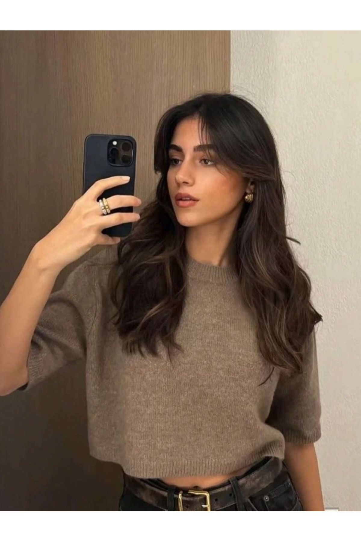 OPENEX Kadın örme kısa kollu bisiklet yaka t-shirt tişört crop