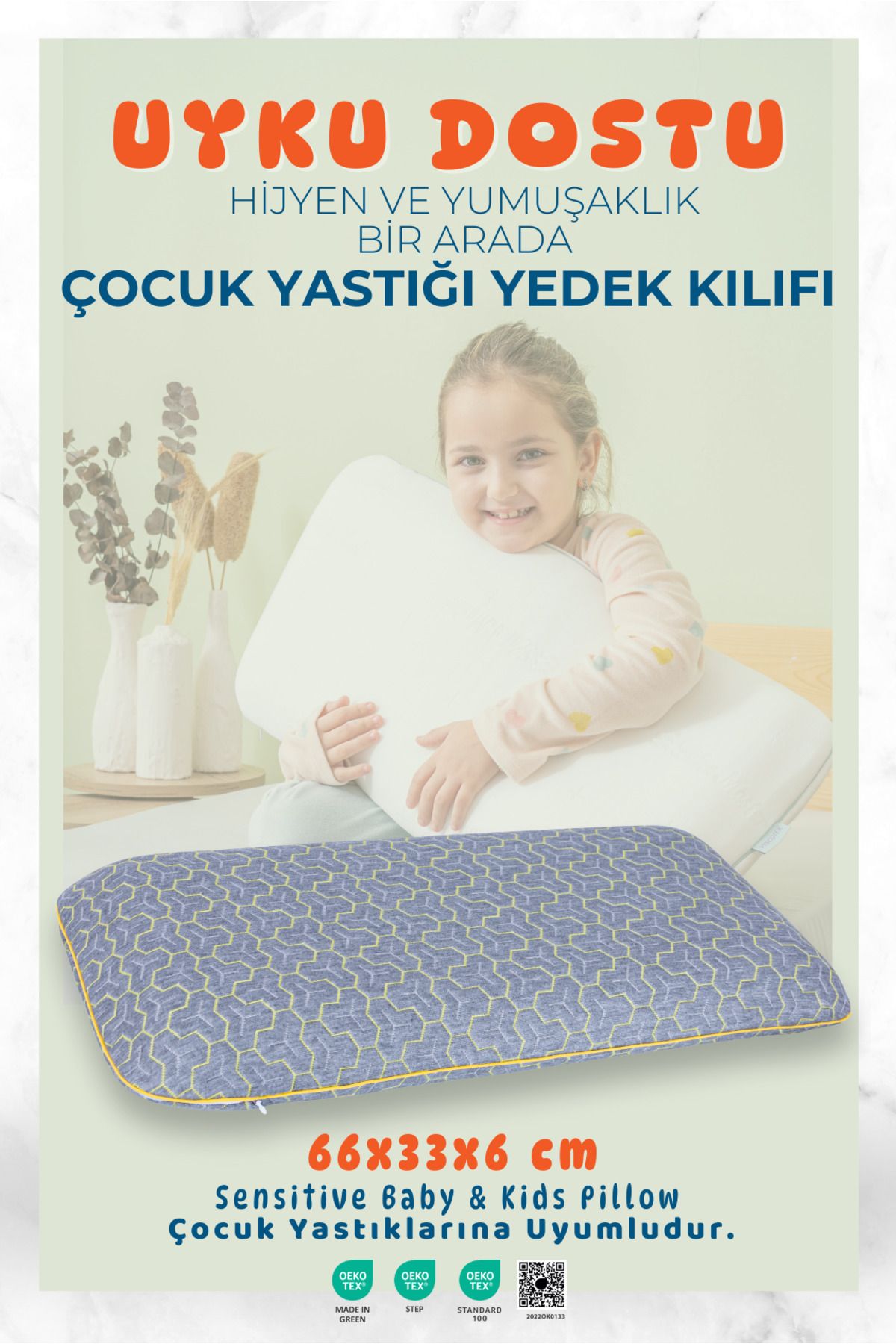VİSCOTEX Uyku Dostu Çocuk Yastık Kılıfı, Hijyen ve Yumuşaklık Bir Arada, 66x33x6cm, Gri