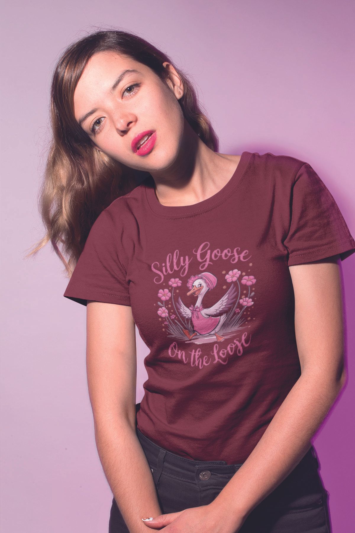qoeuyl boutique Silly Goose On The Loose Baskılı Unisex Regular Fit Pamuklu Bordo Tişört