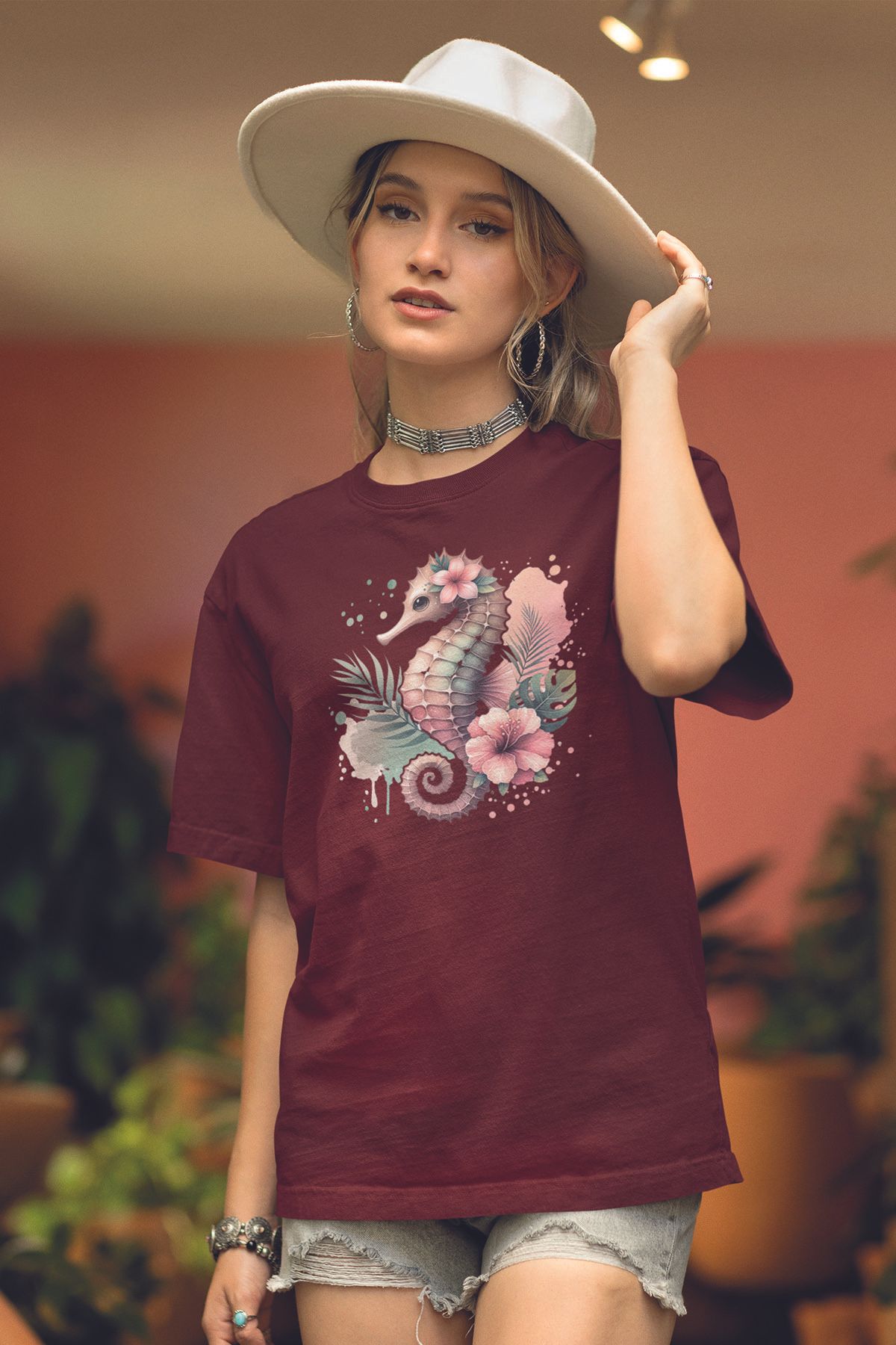 qoeuyl boutique Deniz Atı Baskılıyaz Temalı Unisex Regular Fit Pamuklu Bordo Tişört