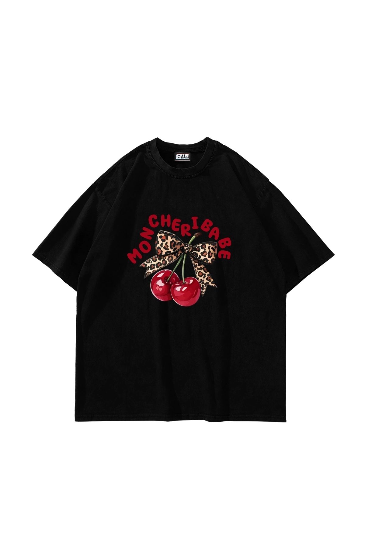 Bak Moda Mon Cherie Baskılı Oversize Unisex Siyah Tshirt