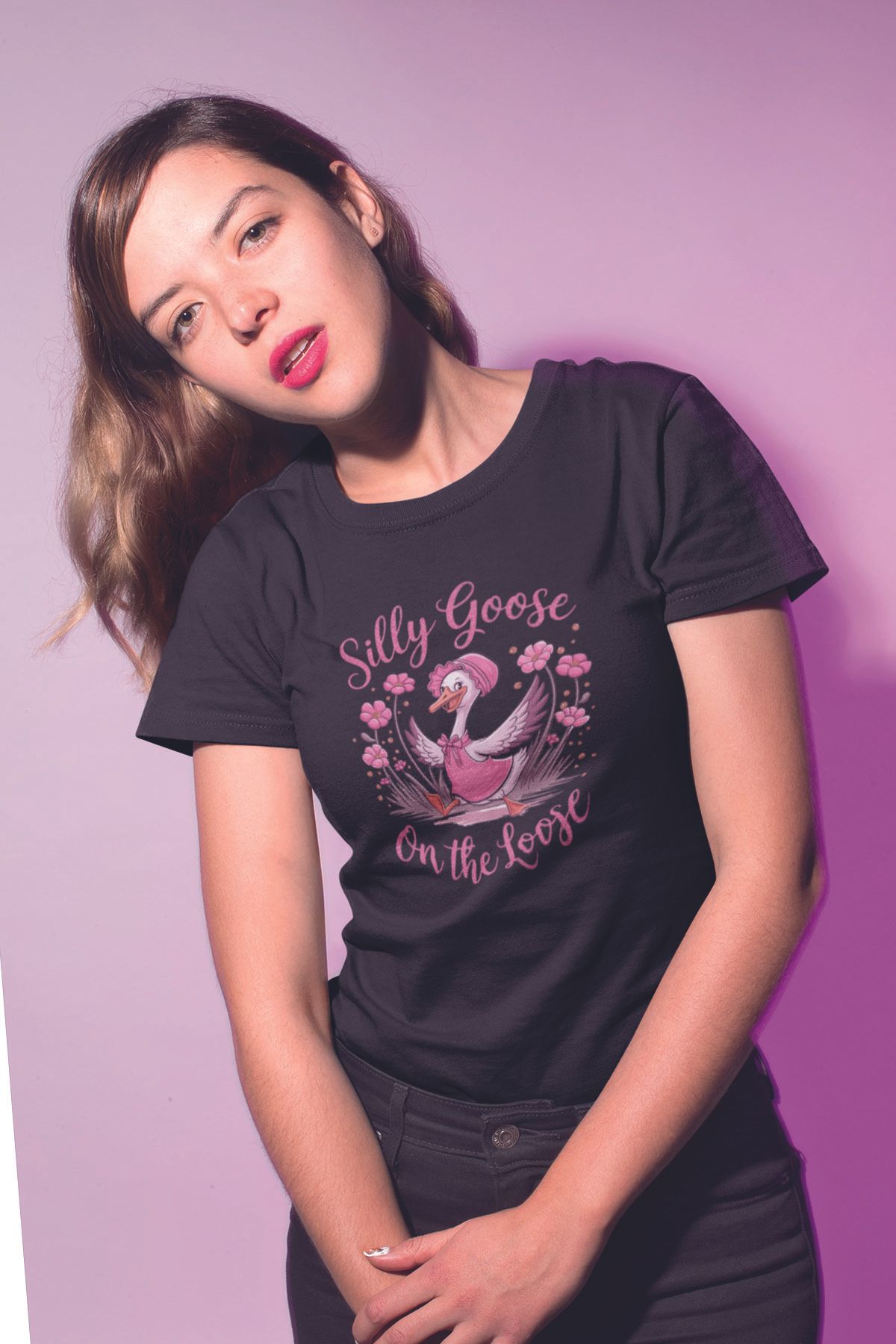 qoeuyl boutique Silly Goose On The Loose Baskılı Unisex Regular Fit Pamuklu Siyah Tişört